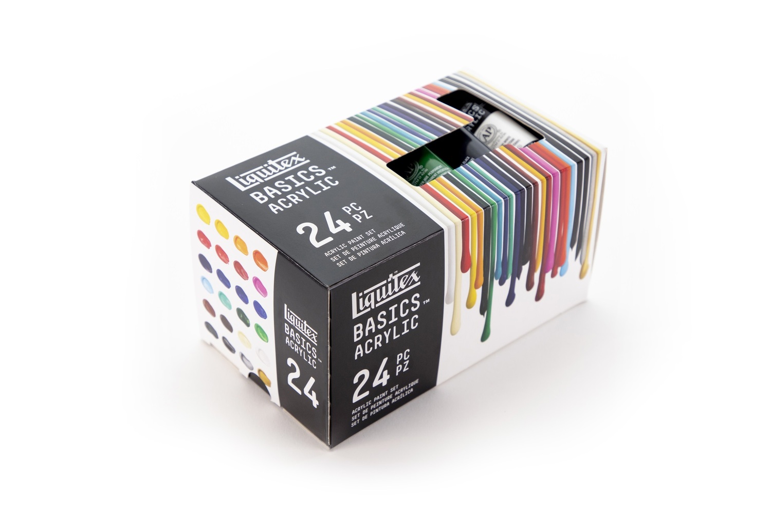 Basics Acrylfarben Set 24x22ml zeigt eine Schachtel mit 24 bunten Acrylfarben von Liquitex.