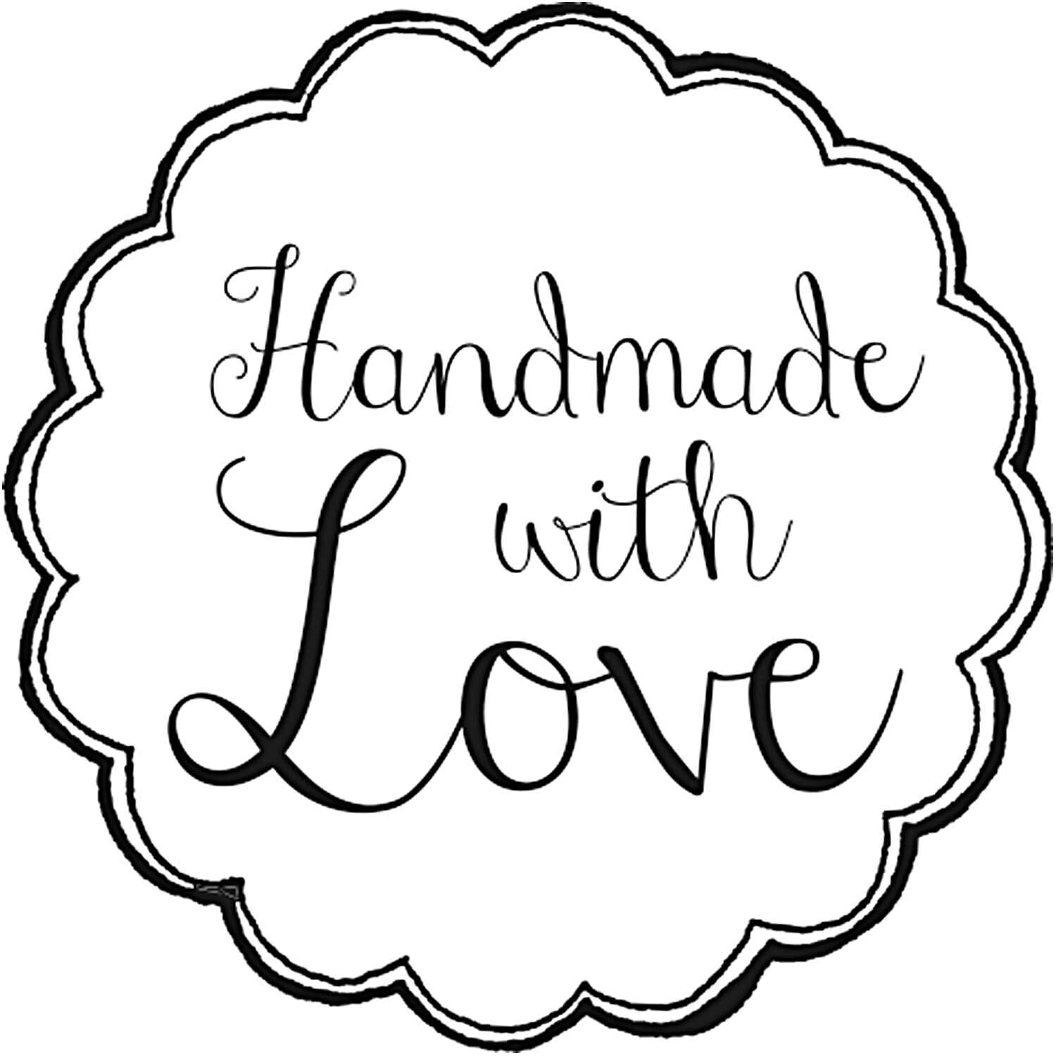 Stempel rund handmade with love 3,5cm von Rico Design zeigt dekorativen Schriftzug in Schwarz.