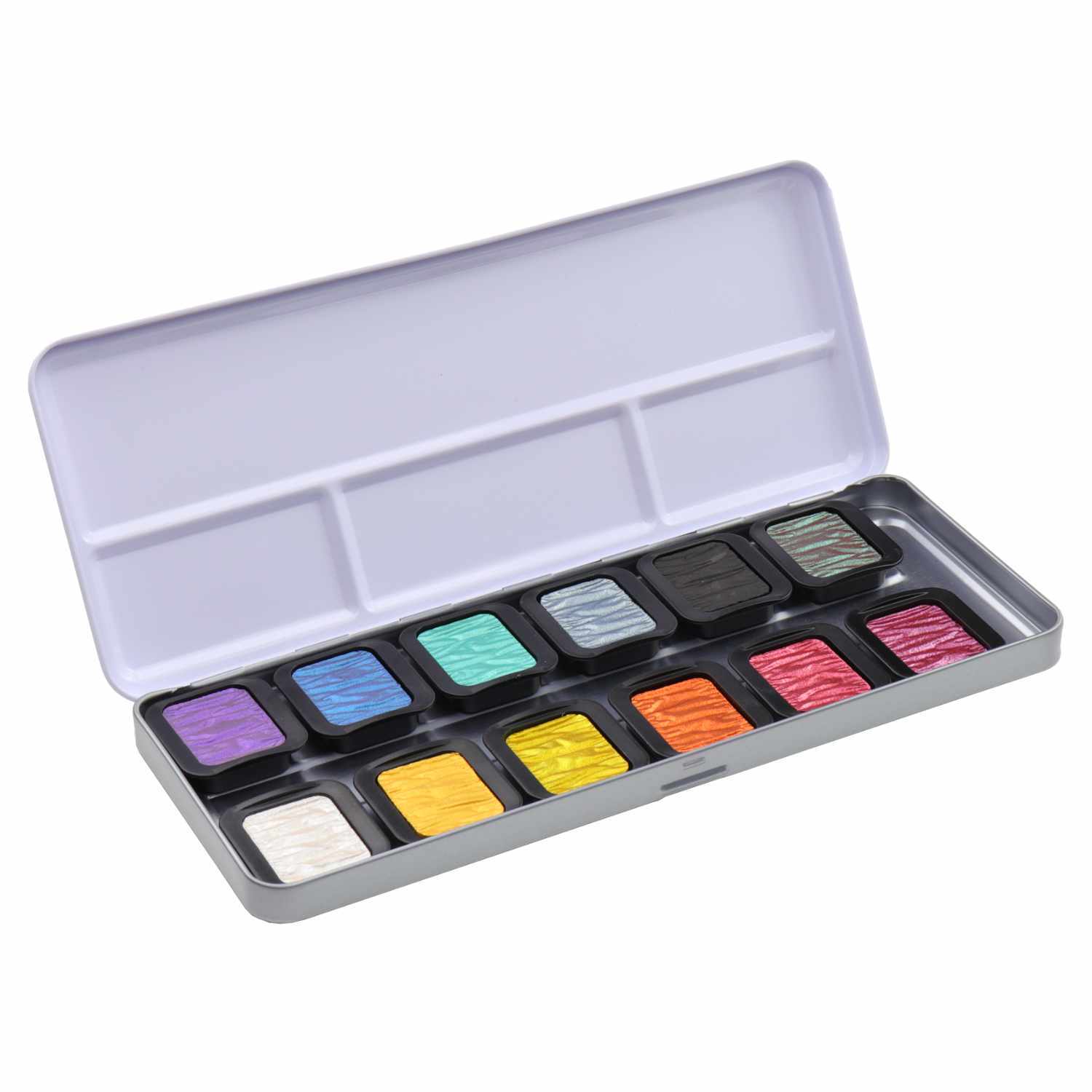 Perlglanzfarben Rainbow im Metallkasten mit 12 leuchtenden Farben von FINETEC, ideal für kreative Projekte.