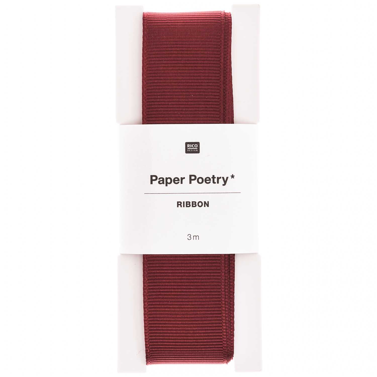 Paper Poetry Ripsband in Dunkelrot, 25mm breit und 3m lang, von Rico Design, auf weißem Hintergrund.