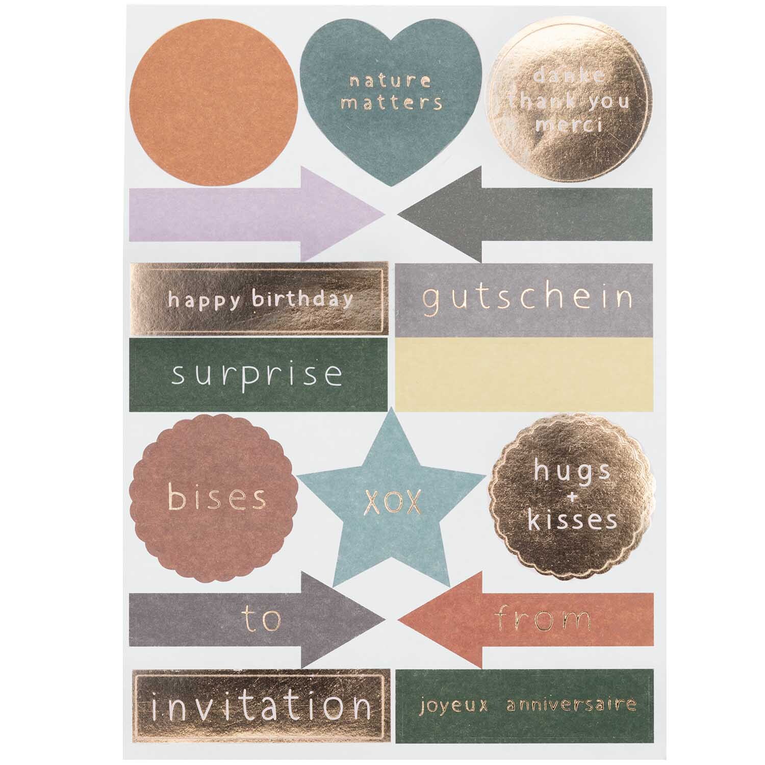 Paper Poetry Grußkartenset Goldmohn flieder mit bunten Aufklebern und Texten wie "happy birthday" und "gutschein". Ideal für kreative Grüße.