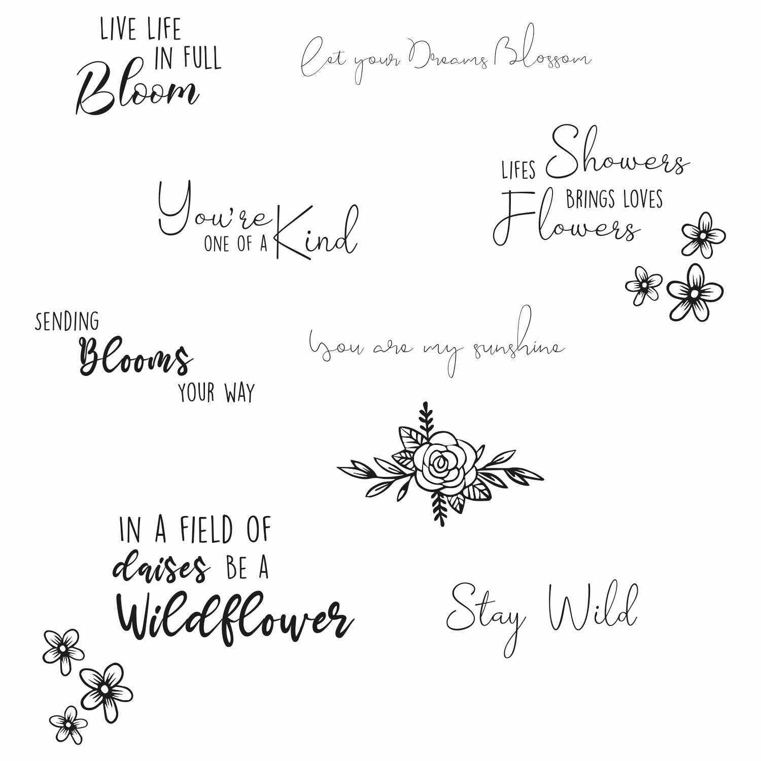 Clear Stamps Set Spring Bloom Sentiments mit floralen Motiven und inspirierenden Sprüchen. Ideal für kreative Projekte und Grußkarten. Marke: Sizzix.