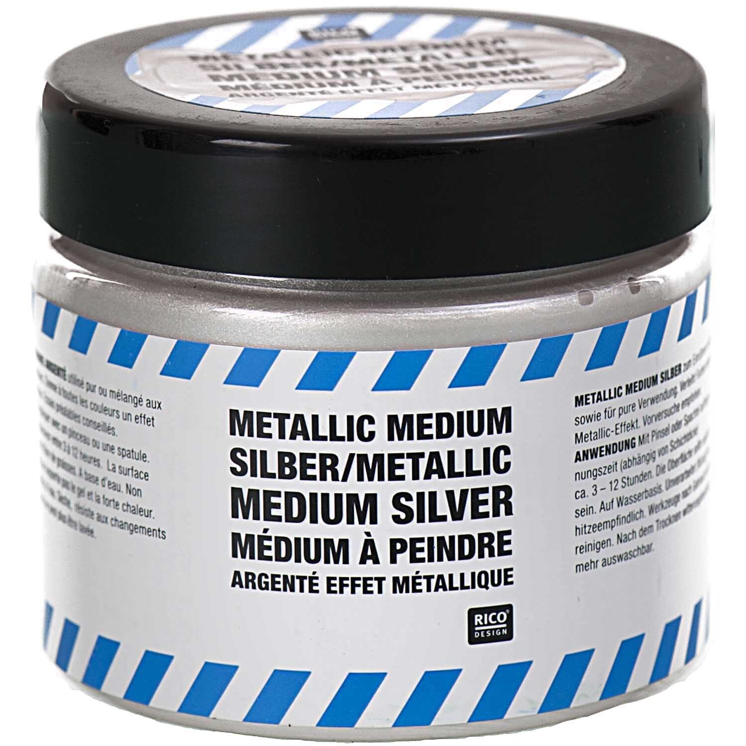 Metallic Medium silber 187g von Rico Design in einem Glasbehälter mit schwarzem Deckel und blau-weißem Etikett.