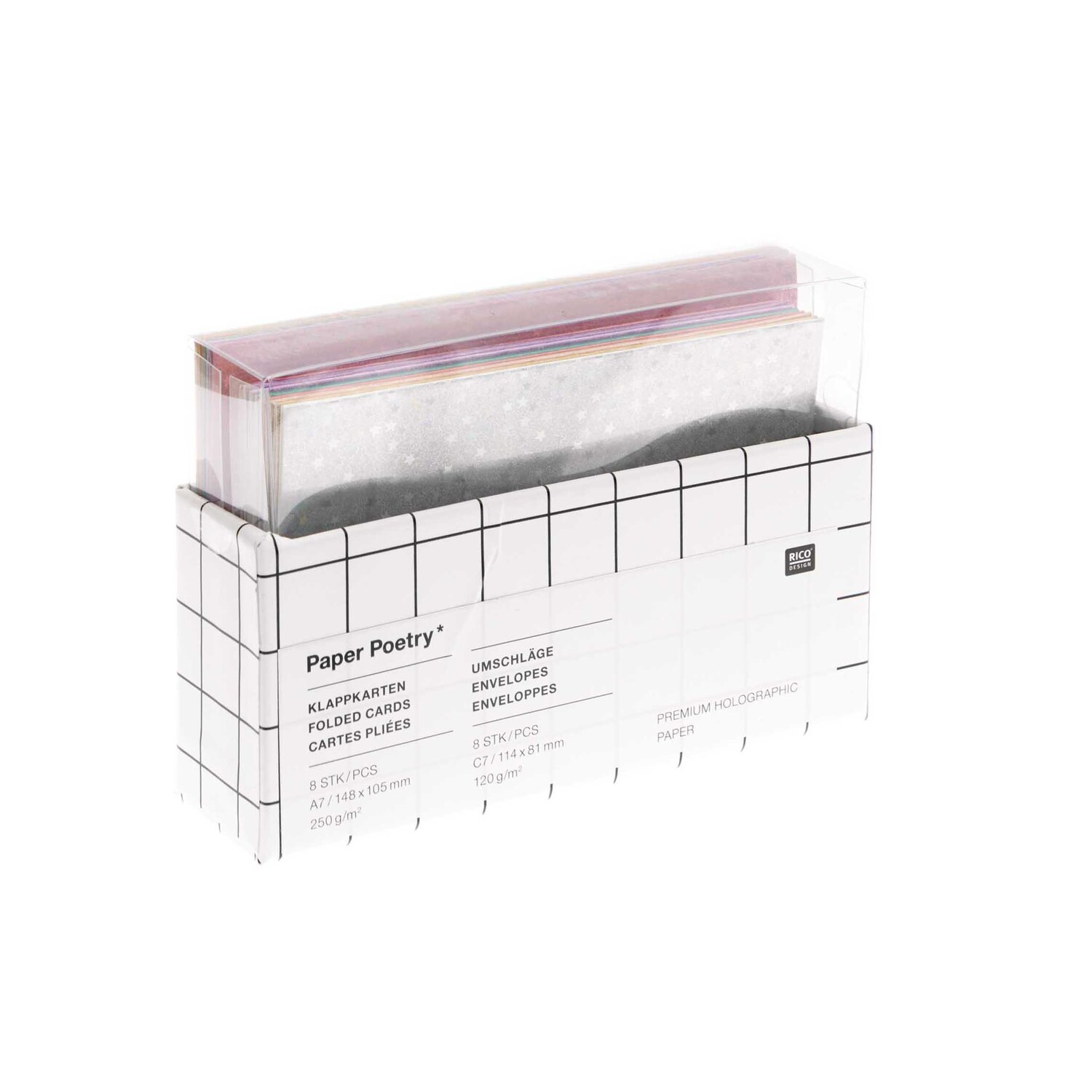 Paper Poetry Kartenset Sterne rainbow A7/C7, 16-teilig, in transparenter Verpackung von Rico Design.