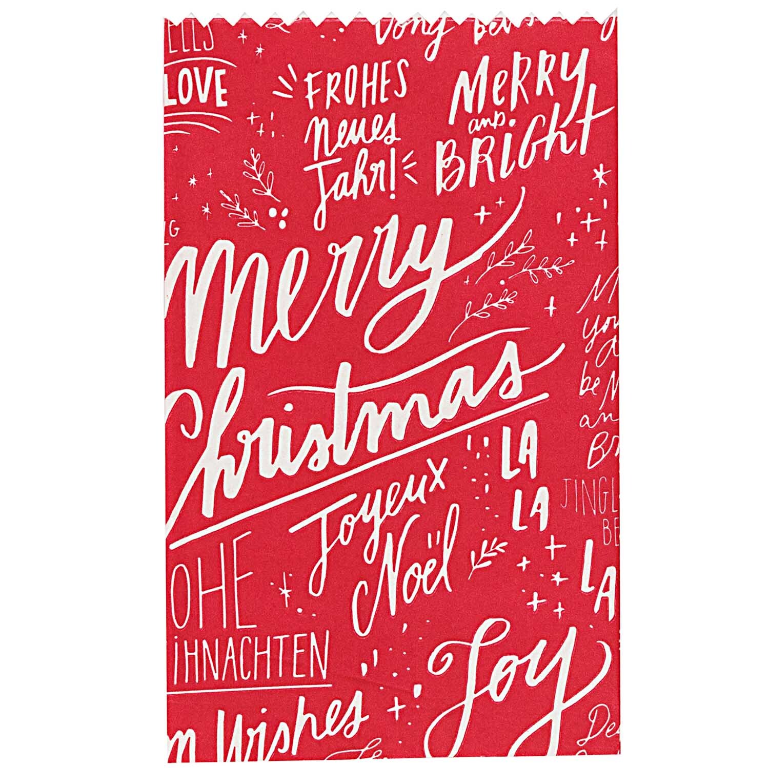 Paper Poetry Bastelset Papiertüten-Sterne Jolly Christmas klein zeigt rote Tüten mit festlichen Weihnachtsgrüßen in verschiedenen Sprachen.