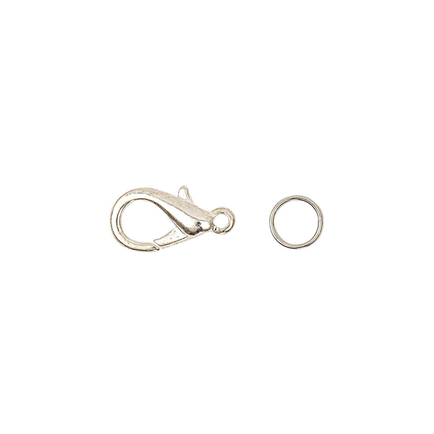 Karabiner mit 2 Federringe, silberfarben, von Rico Design. Zeigt einen Karabiner und einen Federring.