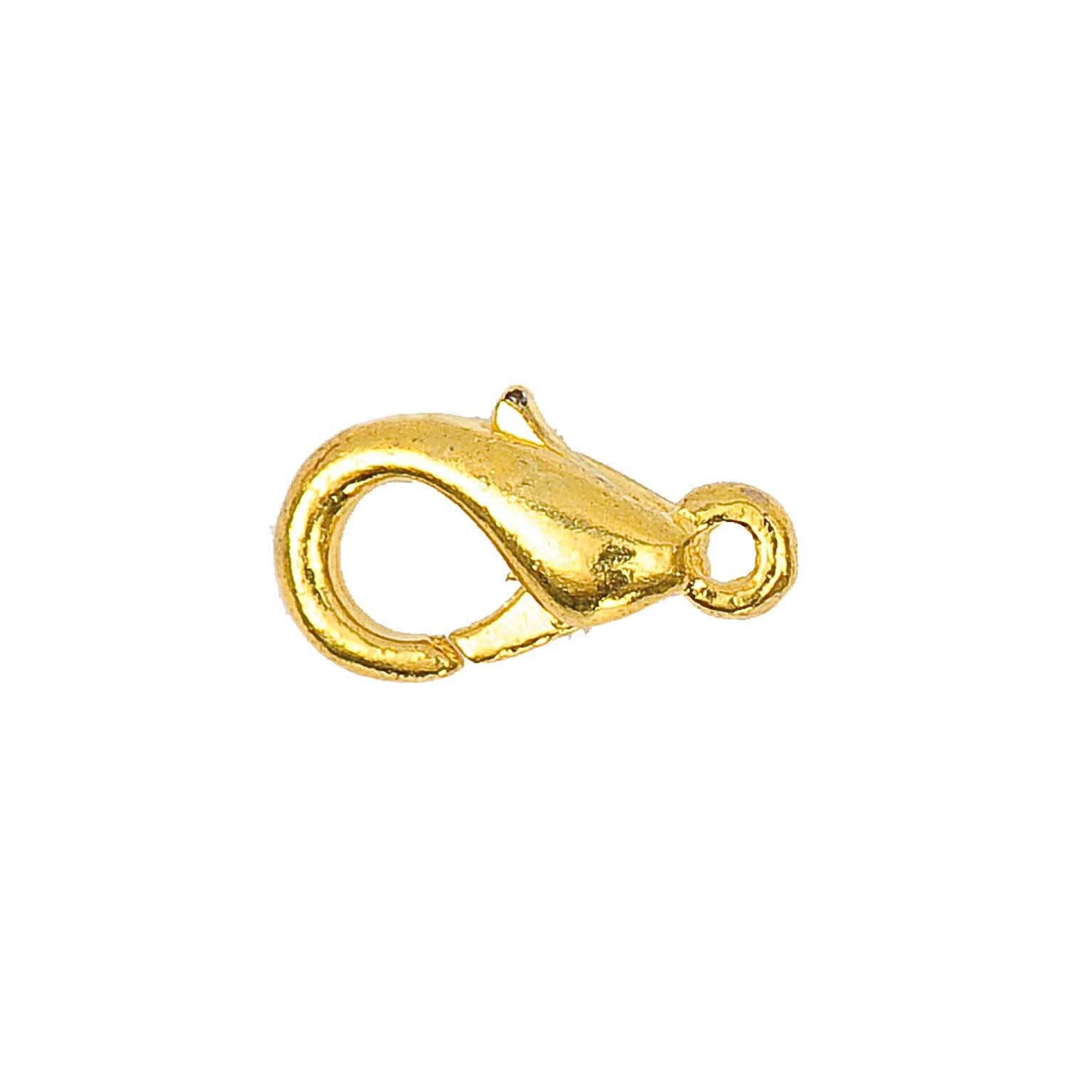 Karabiner gold 12mm 10 Stück von Rico Design. Ein einzelner, glänzender goldener Karabinerhaken.
