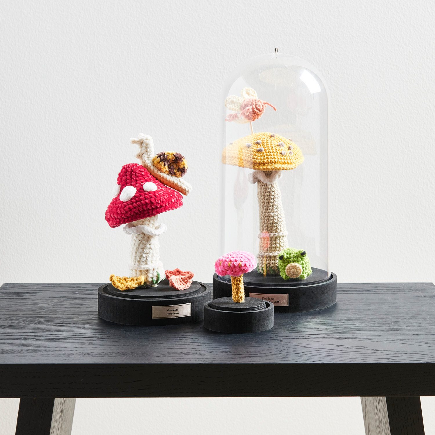Creative Ricorumi dk zeigt gehäkelte Pilze in Rot, Weiß und Senf unter Glas auf einem Tisch.