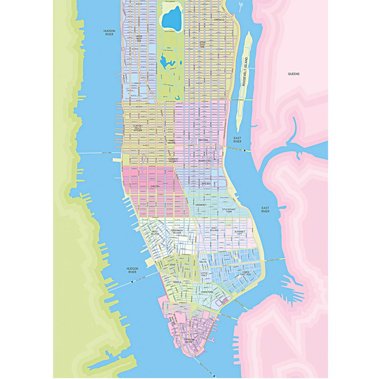 Paper Patch Papier Manhattan 30x42cm zeigt eine bunte Karte von Manhattan mit detaillierten Straßen. Ideal für kreative Projekte. Marke: Rico Design.