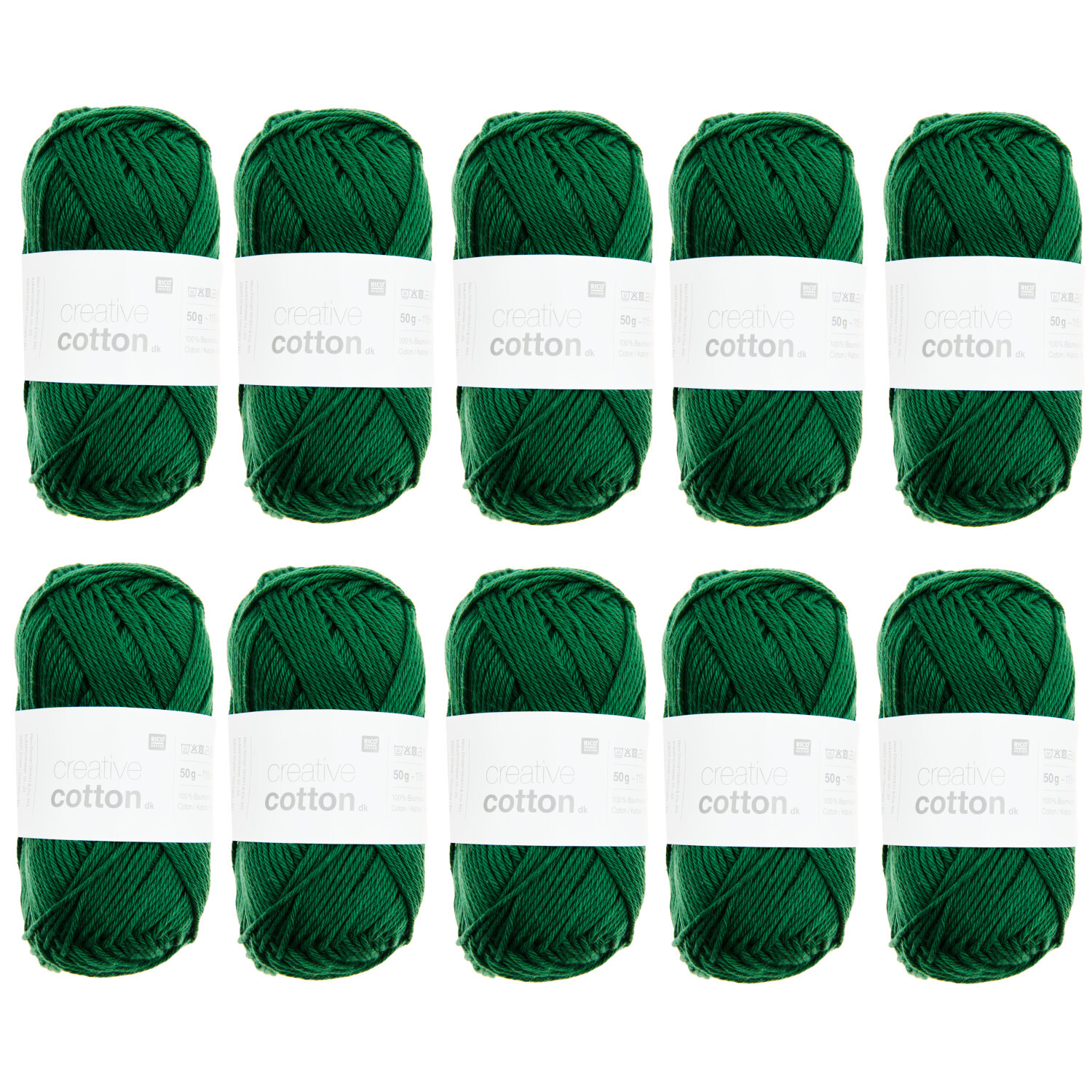 Wollpaket Creative Cotton dk von Rico Design, bestehend aus 10 grünen Garnknäueln à 50g. Ideal für kreative Strickprojekte.