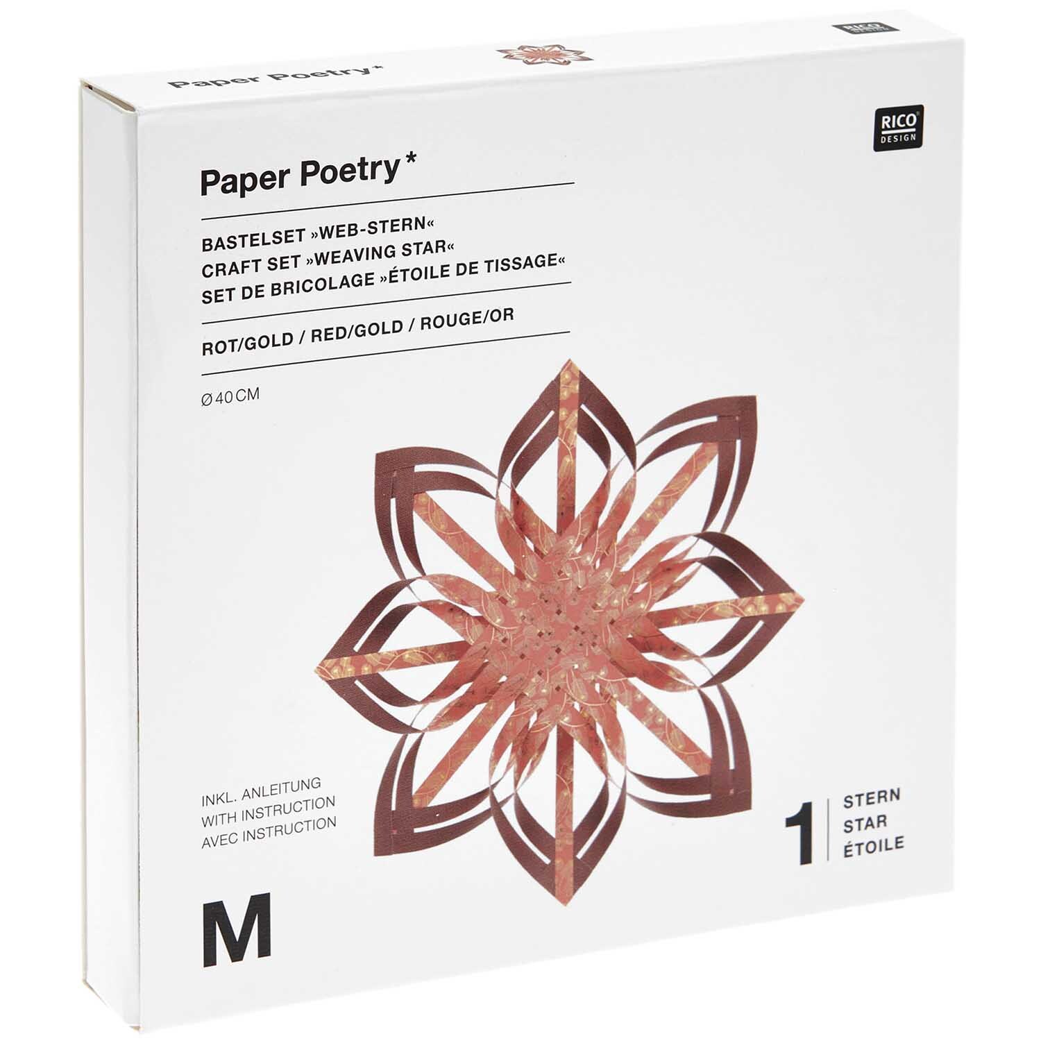 Paper Poetry Web-Stern Größe M 270g/m2 von Rico Design in Rot/Bordeaux, zeigt ein kunstvolles Stern-Design auf der Verpackung.
