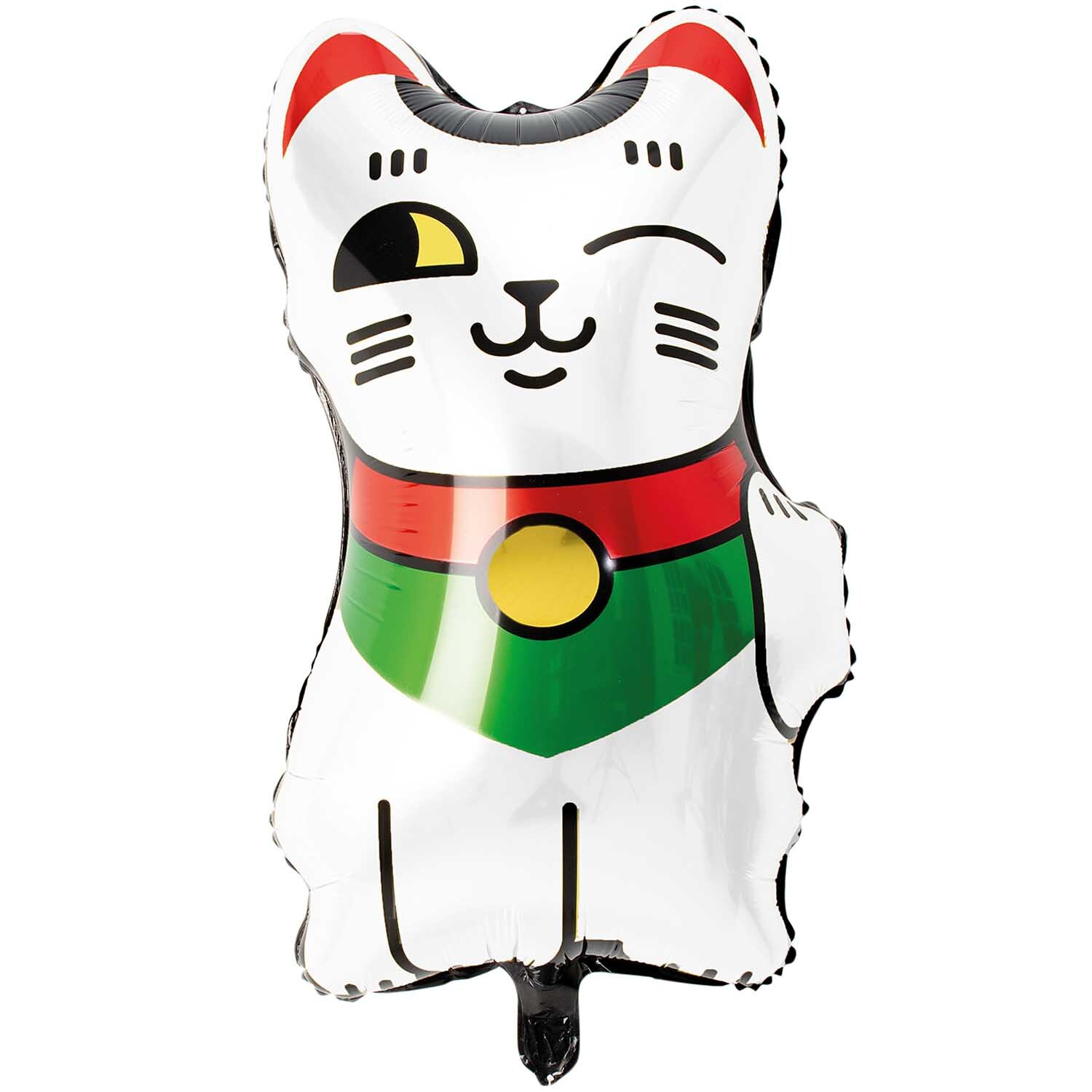 Folienballon Winkekatze in Form einer weißen Katze mit rotem Kragen und grünem Körper von Rico Design.
