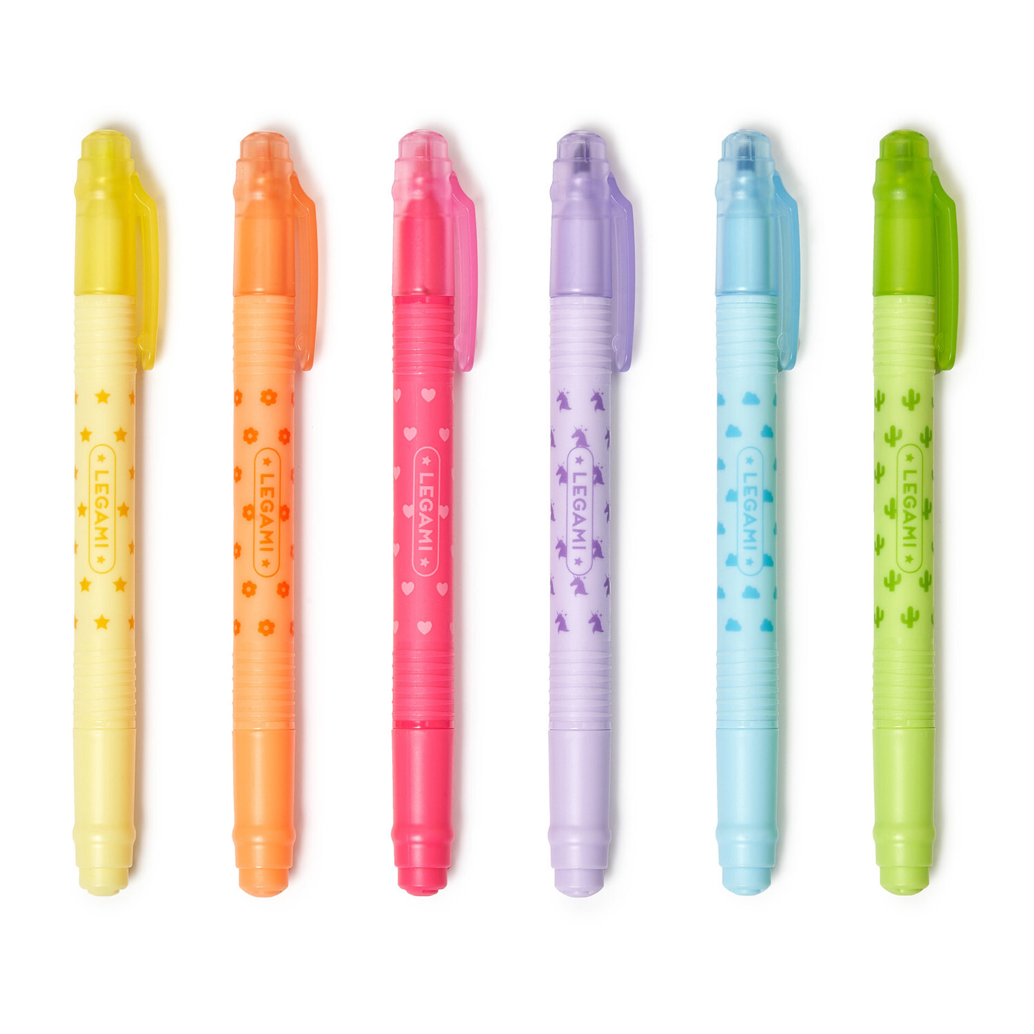 Löschbares Textmarker-Set 6 Stück, Legami. Sechs bunte Textmarker in Gelb, Orange, Pink, Lila, Blau und Grün mit Mustern.