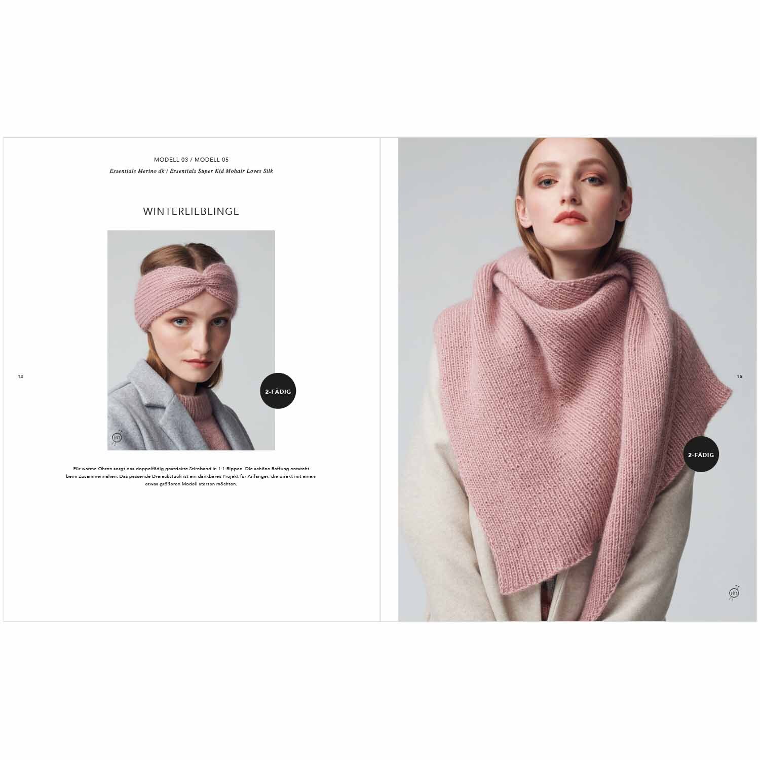 Top Down Knitting Special: Frau trägt rosa Strickschal und Stirnband von Rico Design, elegant und stilvoll.