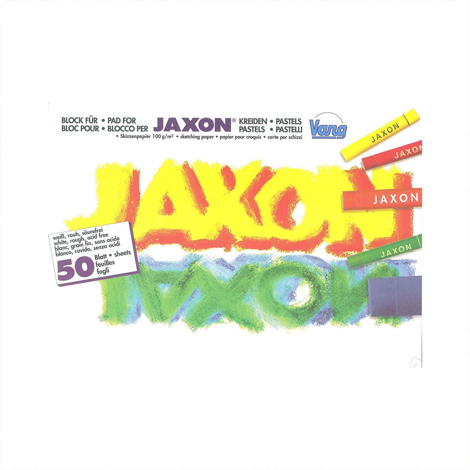 Skizzenblock A4 mit 50 Blatt, Jaxon. Bunte Pastellkreiden und lebendige Farben auf dem Cover.