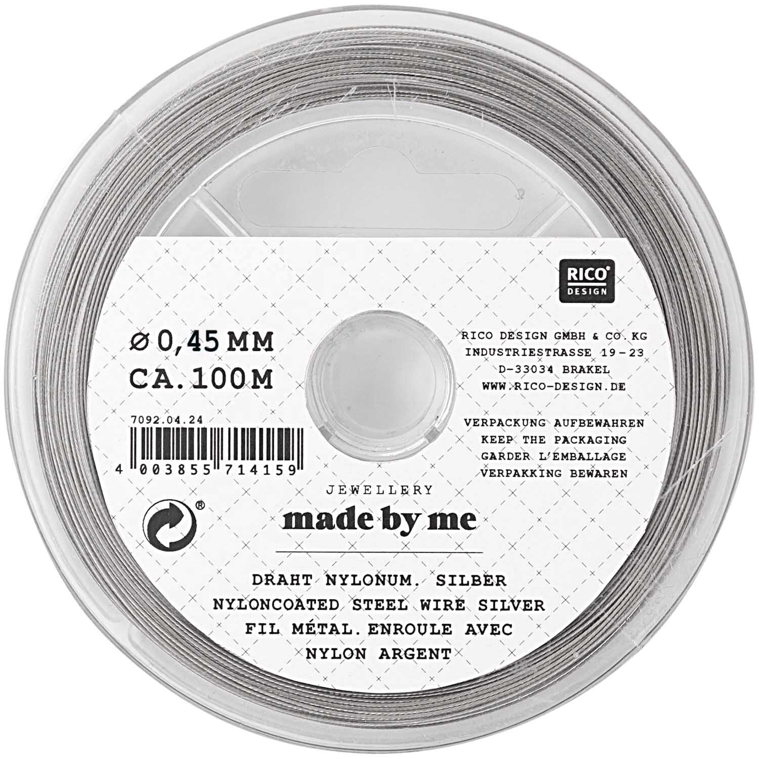 Draht silber 0,45mm 100m Nylon ummantelt von Rico Design, auf Spule mit Etikett und Produktdetails.