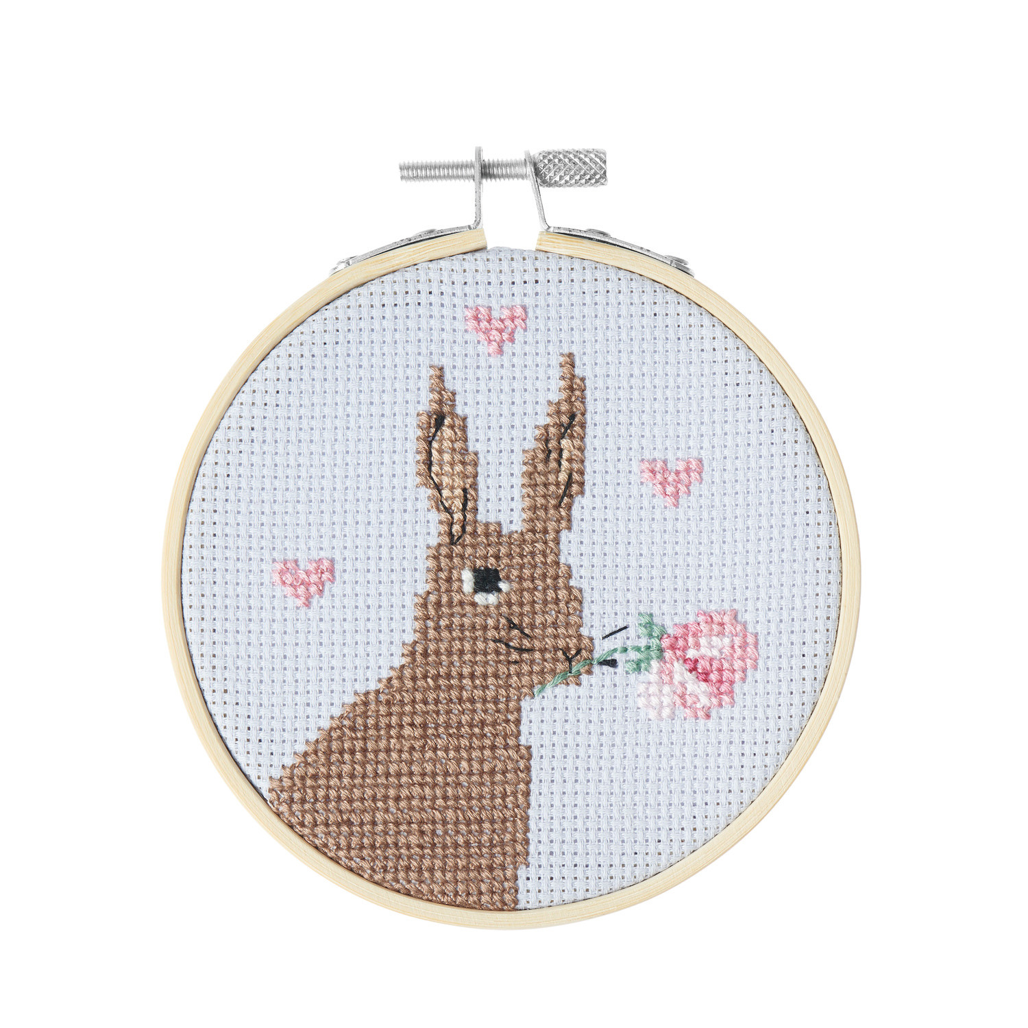 Stickpackung Bild Romantischer Hase zeigt einen Hasen mit Rose im Maul, umgeben von Herzen. Marke: Rico Design. Durchmesser: Ø10cm.