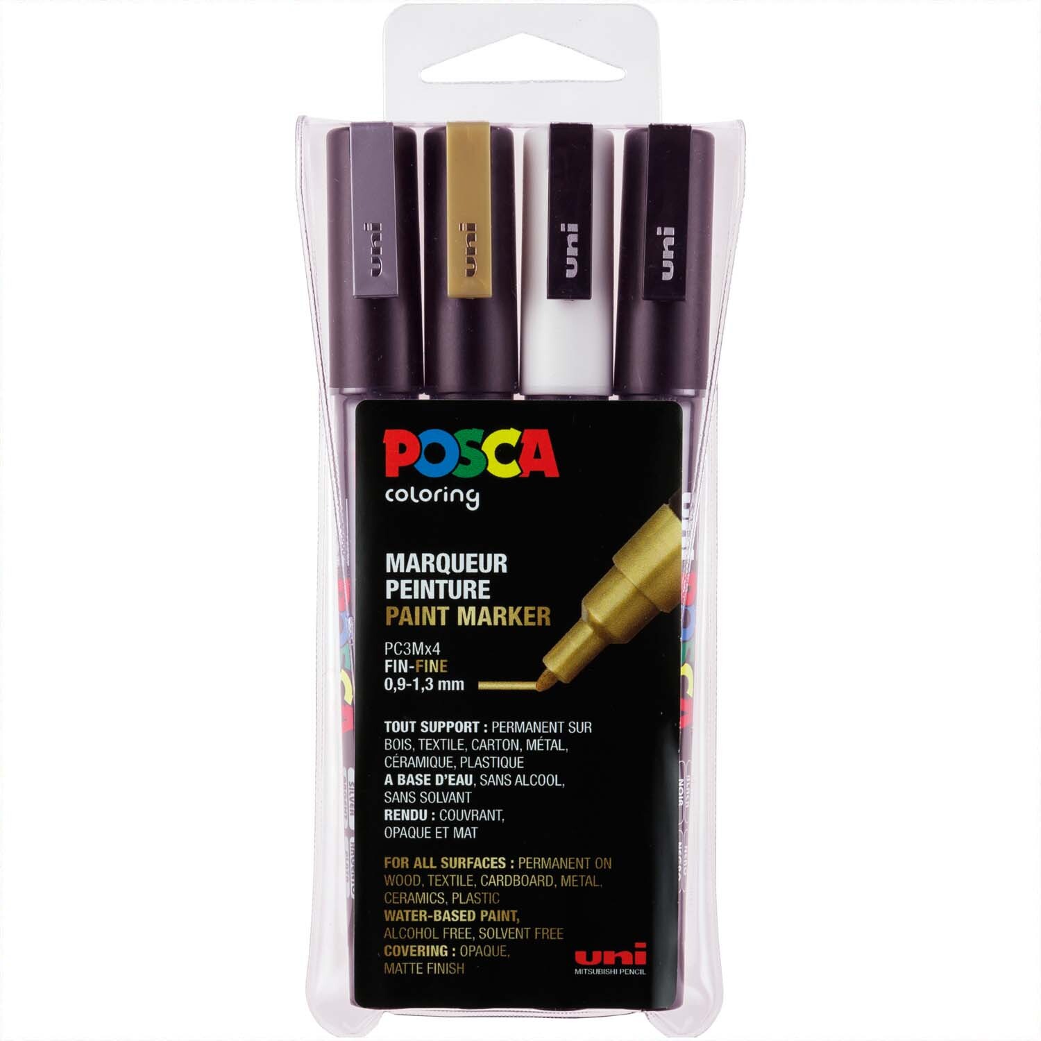 POSCA-Marker PC-3M 4 Stück in einer transparenten Verpackung, ideal für kreative Projekte.