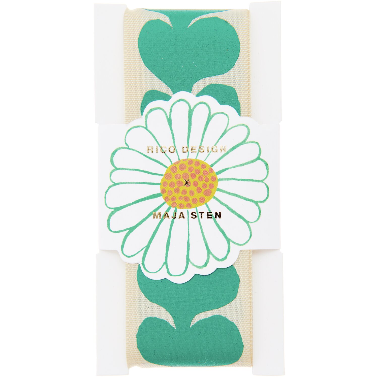 Taftband Midsommar Magic Klee mit grünem Kleemuster und großer Blume, 38mm breit, 3m lang.