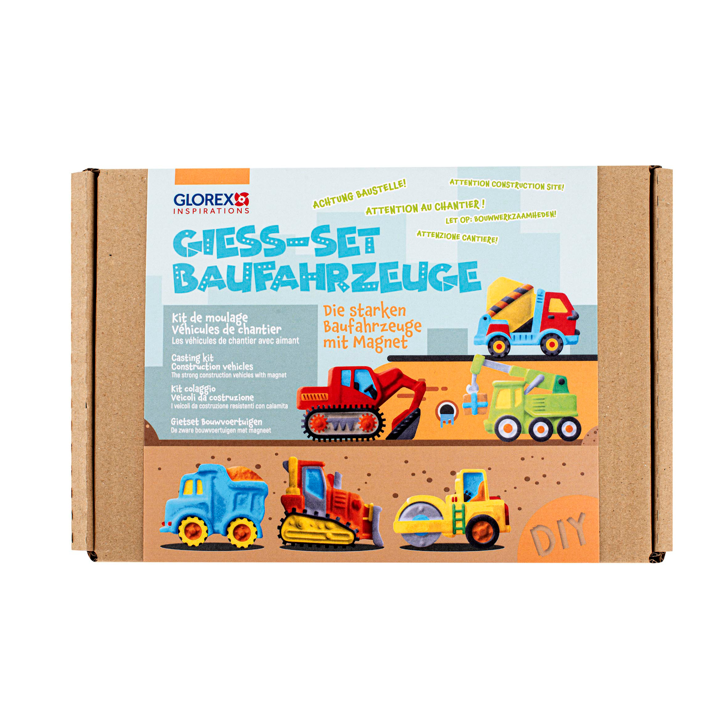 Bastelset Baufahrzeug gießen: Kreatives Set von Glorex mit bunten Fahrzeugen zum Selbermachen. Ideal für Kinder und Bastelfans.