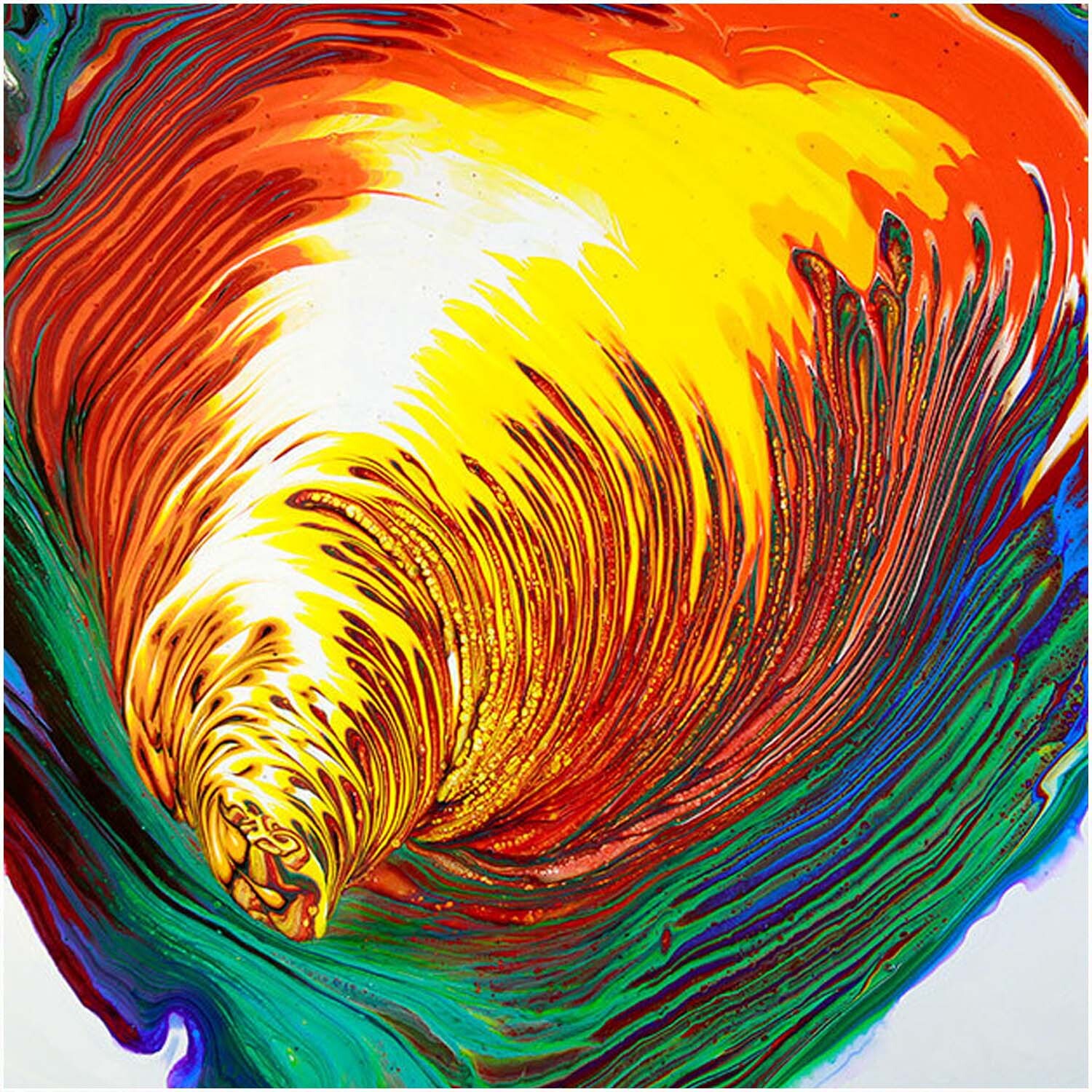 Acrylic Pouring: Lebendiges Farbspiel in Rot, Gelb und Blau, inspiriert von fließenden Formen.