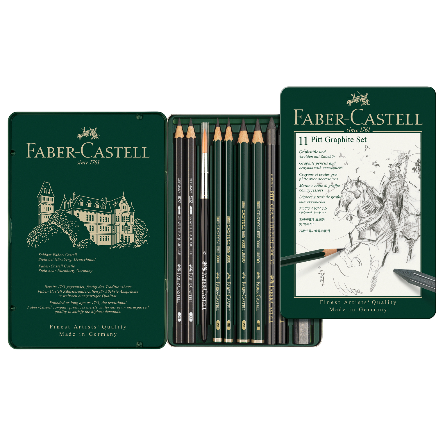 Pitt Graphite Set, 11-teilig von Faber Castell, in einer grünen Metallbox mit Bleistiften und Skizzen.