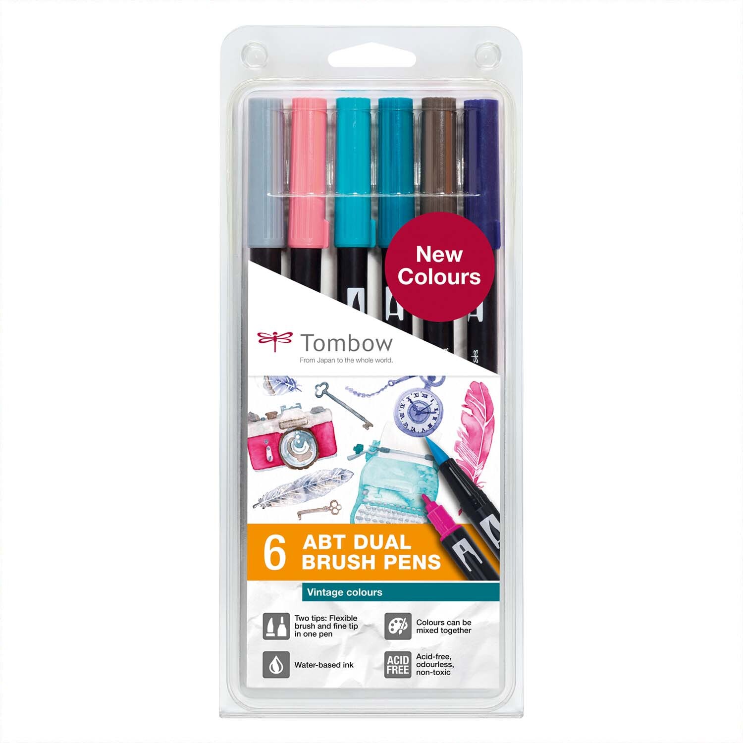 Tombow ABT Dual Brush Pen-Set in Vintage-Farben, 6-teilig. Die Vorderansicht zeigt Stifte in verschiedenen Farben, ideal für kreative Projekte. Perfekt für Künstler.