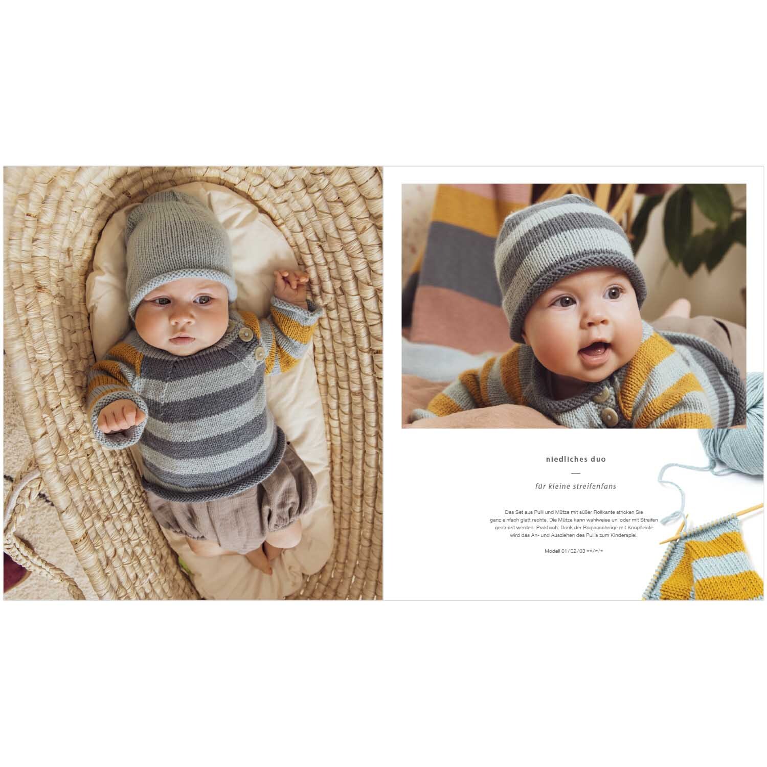 Rico Baby Heft Nr.26 zeigt ein Baby in einem gestreiften Strickoutfit mit Mütze auf einem Teppich.