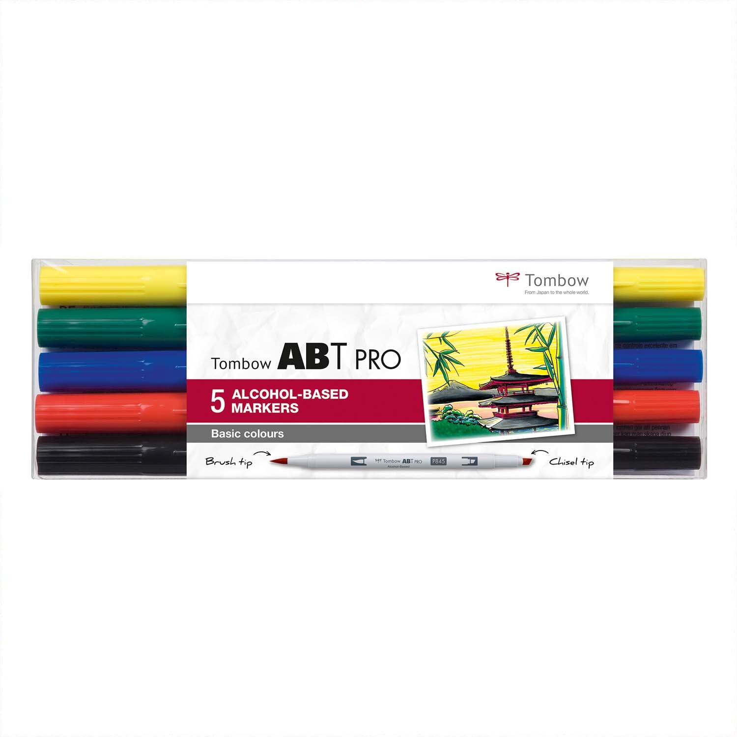 ABT PRO Basic Colours Alkoholbasierte Marker, 5-teilig, von Tombow. Mehrfarbige Marker in einer Verpackung mit einem Bild eines japanischen Tempels.