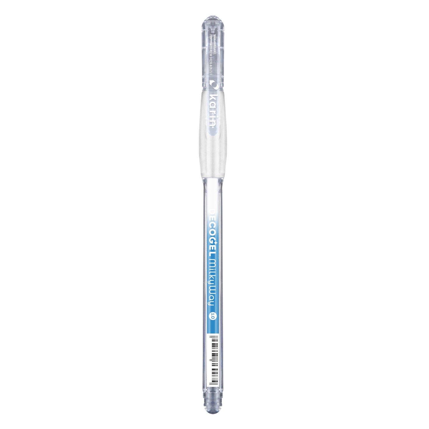Decogel 1.0: Ein milchig weißer Gelstift von Karin mit transparentem Gehäuse und blauer Beschriftung.