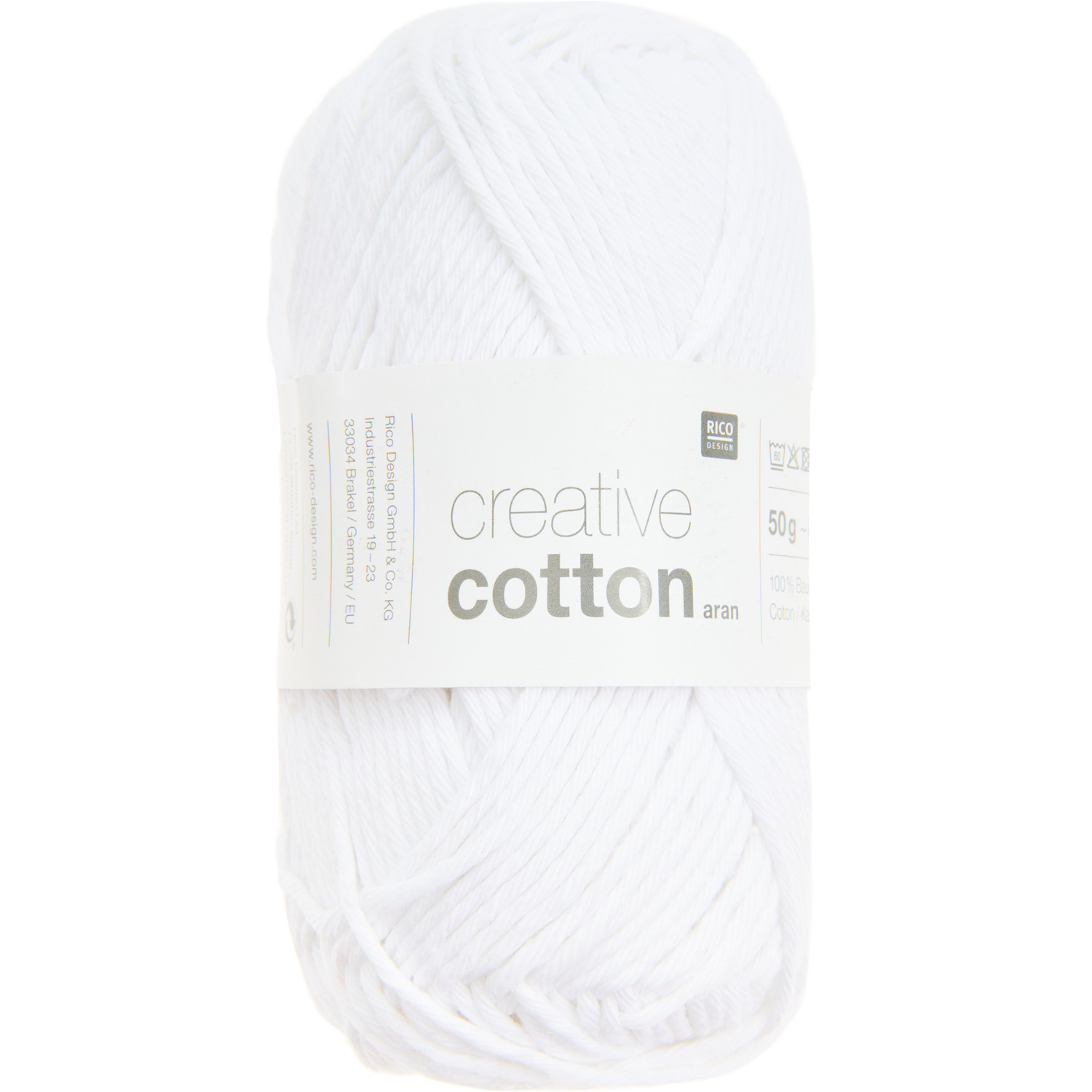 Creative Cotton aran von Rico Design, weißes Garnknäuel, 50g mit 85m Länge, ideal für Strickprojekte.
