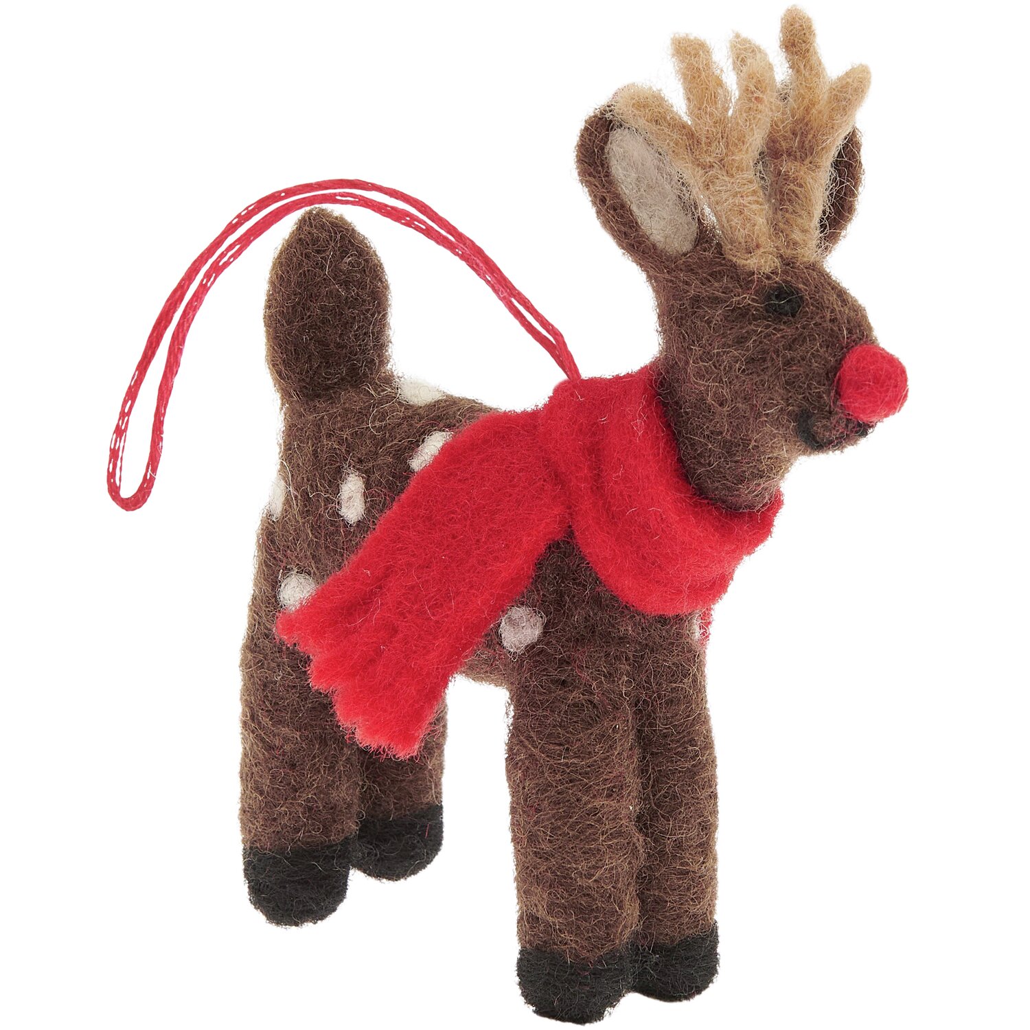 Aufhänger Filz-Hirsch mit Schal: Dunkelbrauner Hirsch aus Filz mit rotem Schal, 12x8x2,5cm. Ideal für weihnachtliche Dekorationen.