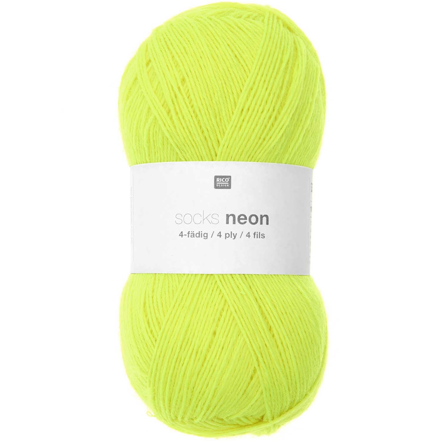 Socks Neon 4-fädig: Leuchtend gelbes Garn von Rico Design, ideal für kreative Strickprojekte.