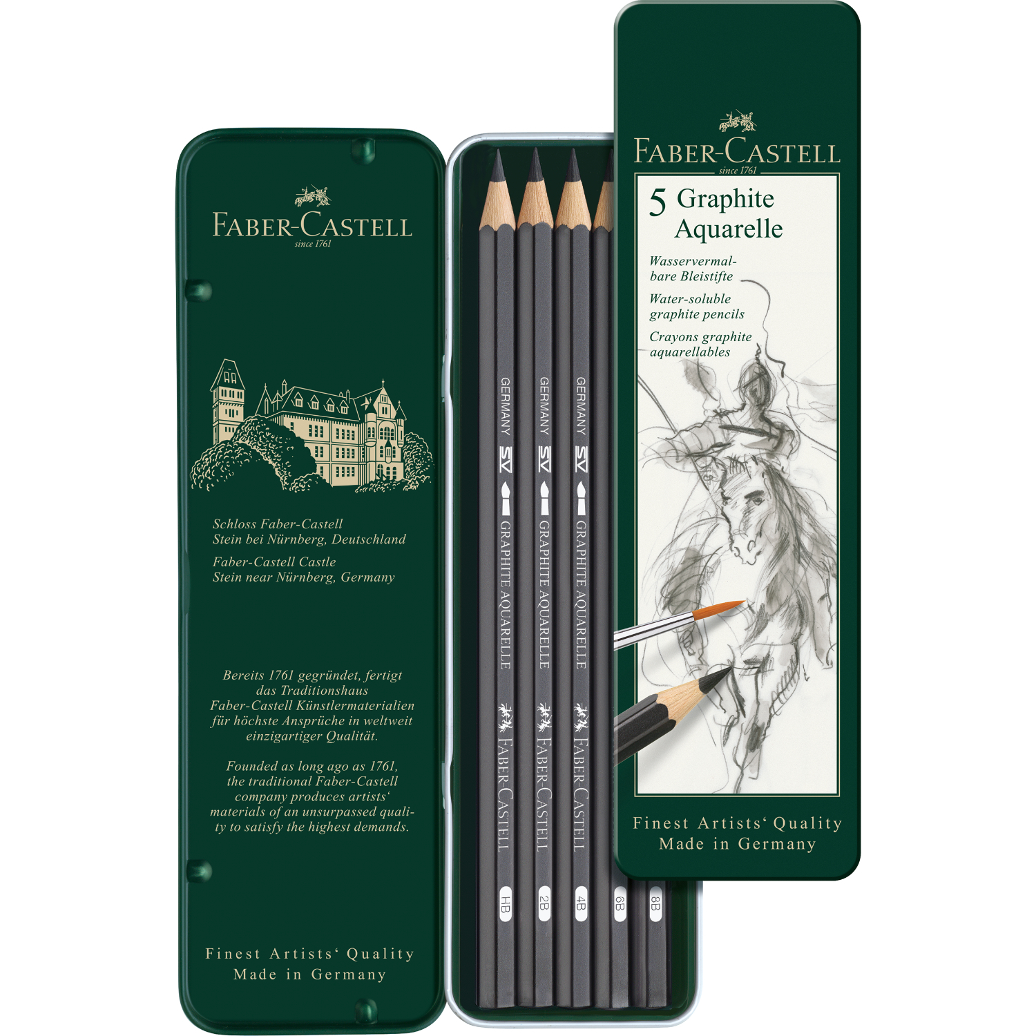 Graphite Aquarelle Künstlerbleistift: Fünf Bleistifte im Metalletui, ideal für Künstler, von Faber Castell.