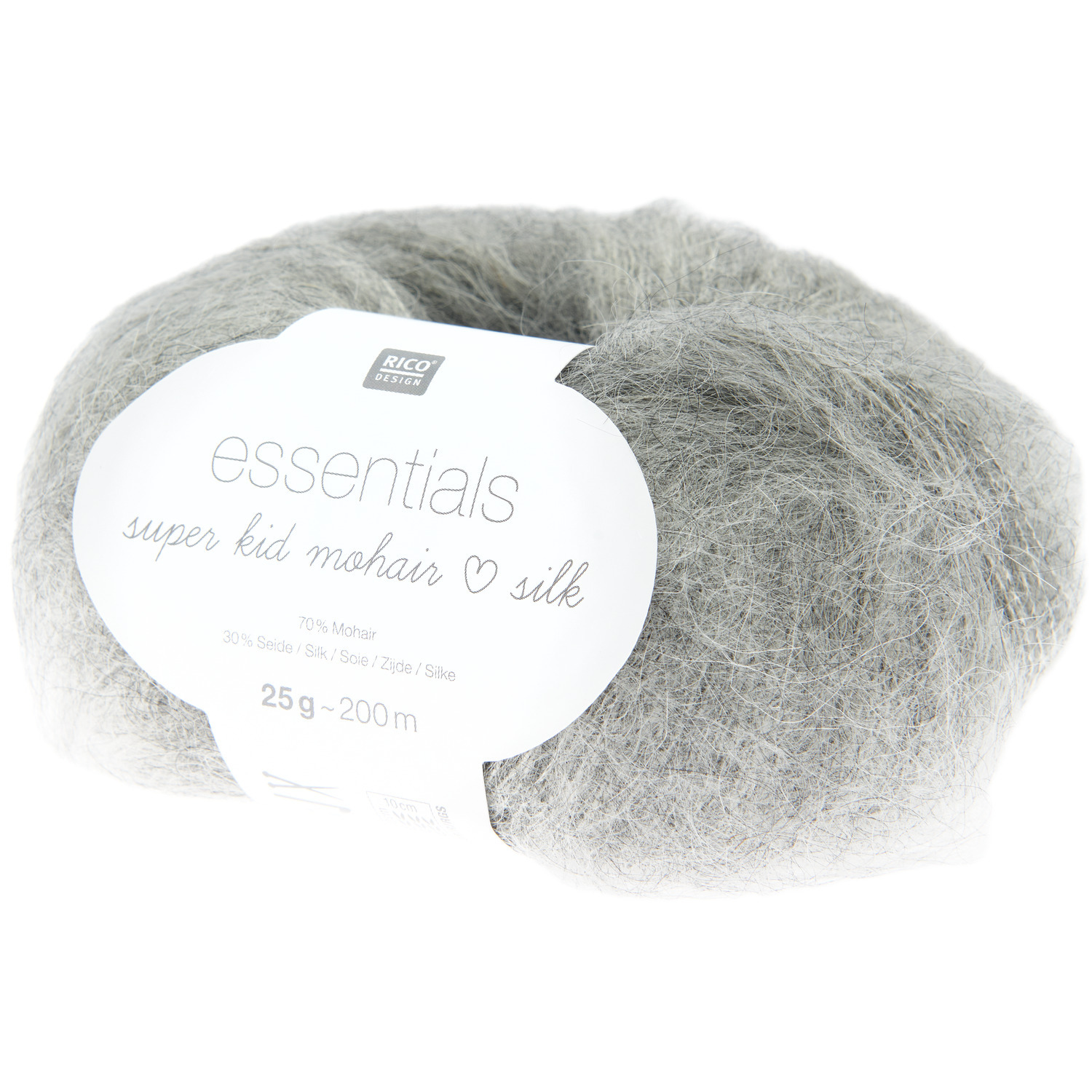 Essentials Super Kid Mohair Loves Silk, hellgrau meliert, 25g 200m, von Rico Design. Ideal für Strickprojekte.