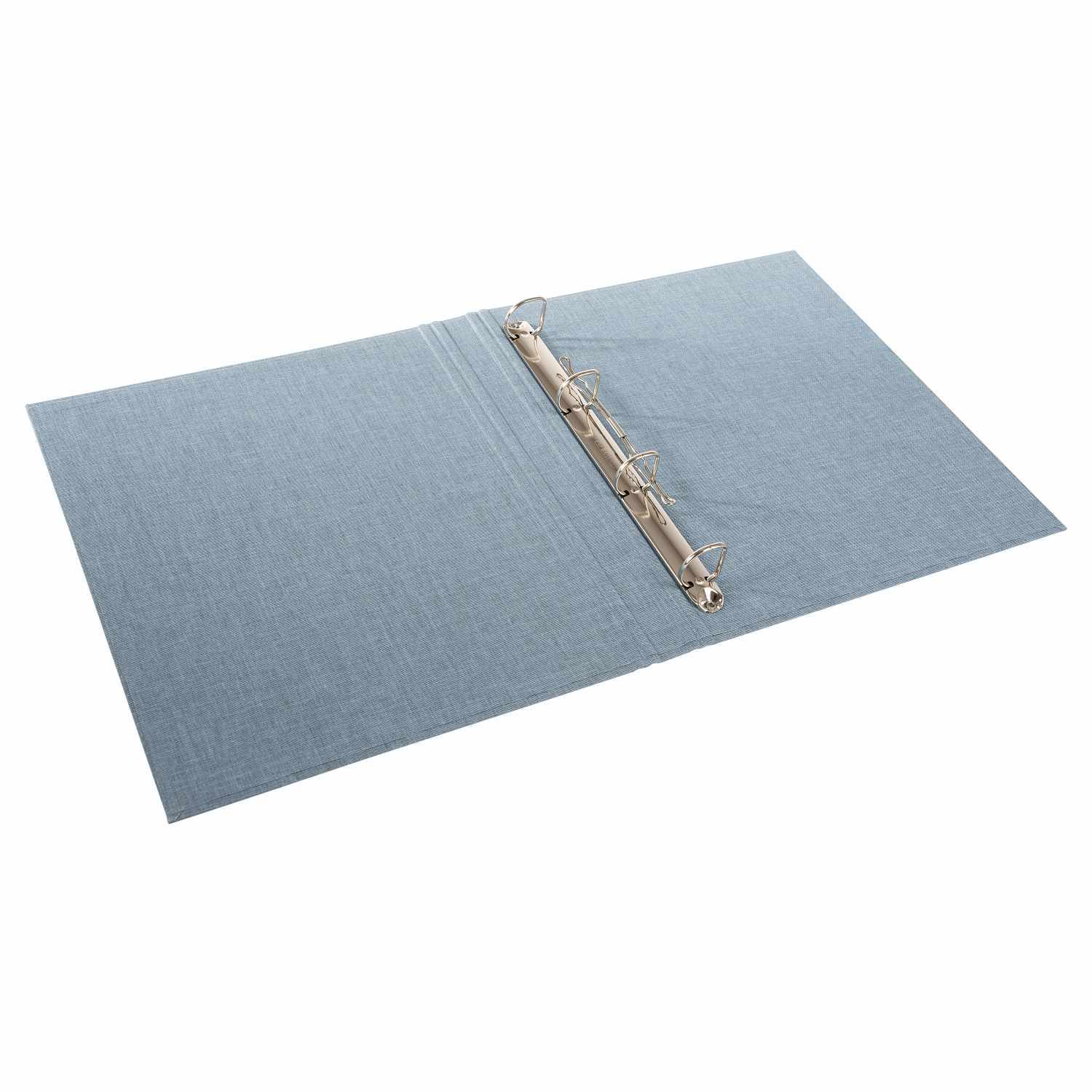 Fotoringbuch A4 in blaugrau von goldbuch, geöffnet mit Ringmechanik, ideal für Fotos.
