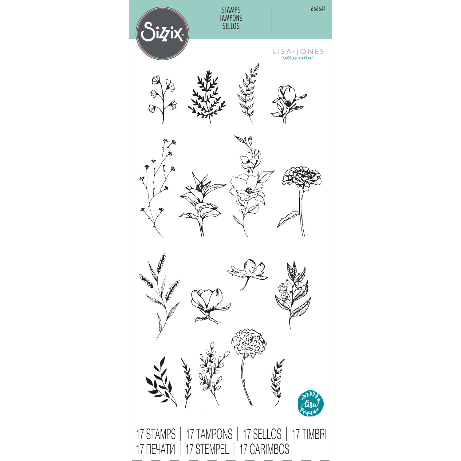 Klarsichtstempel-Set "Garten Botanicals" von Sizzix, 17-teilig, zeigt florale Motive für kreative Bastelprojekte.