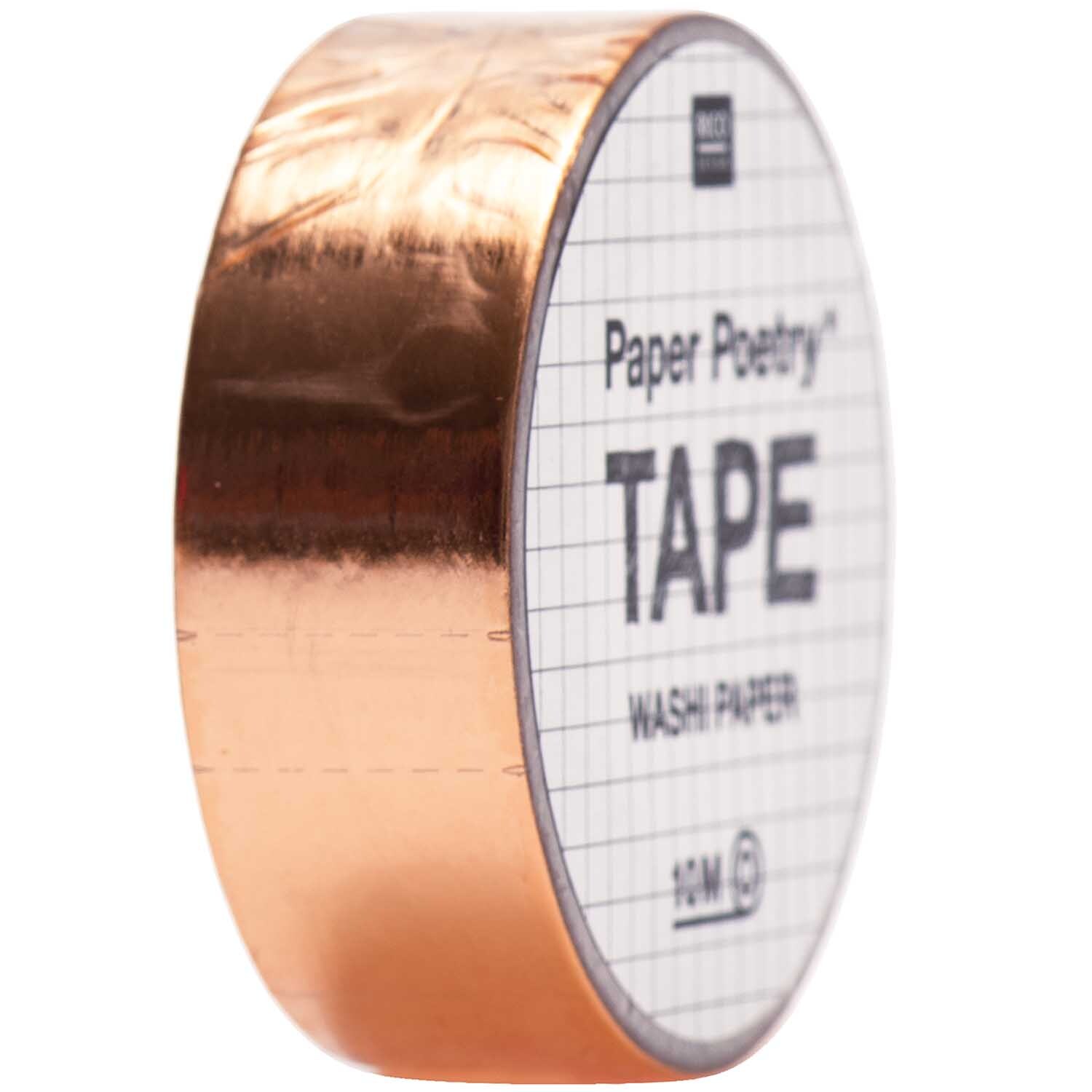 Paper Poetry Tape Metallic 15mm 10m in Roségold von Rico Design, glänzend und dekorativ auf schwarzem Hintergrund.