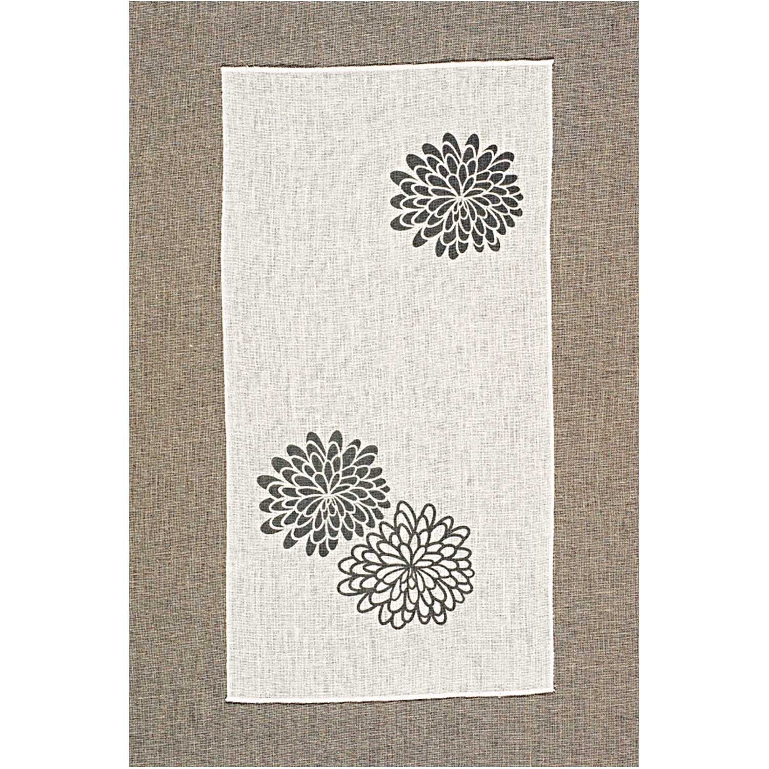Leinenband bedruckt Chrysantheme 11-fädig, 30cm. Weißes Band mit Chrysanthemenmuster von Rico Design auf grauem Hintergrund.
