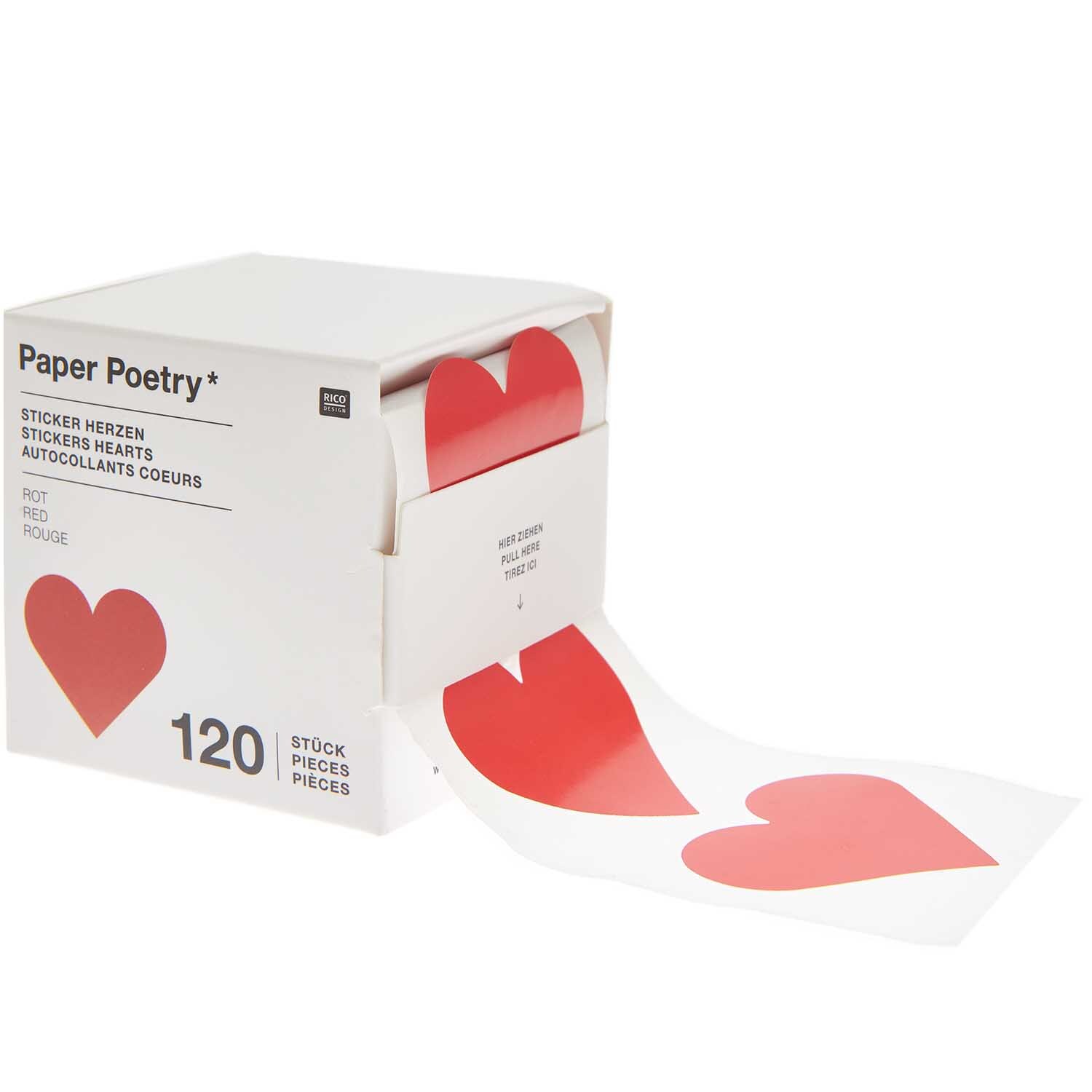 Paper Poetry Sticker Herzen 5cm, 120 Stück auf Rolle, zeigen rote Herzsticker von Rico Design.