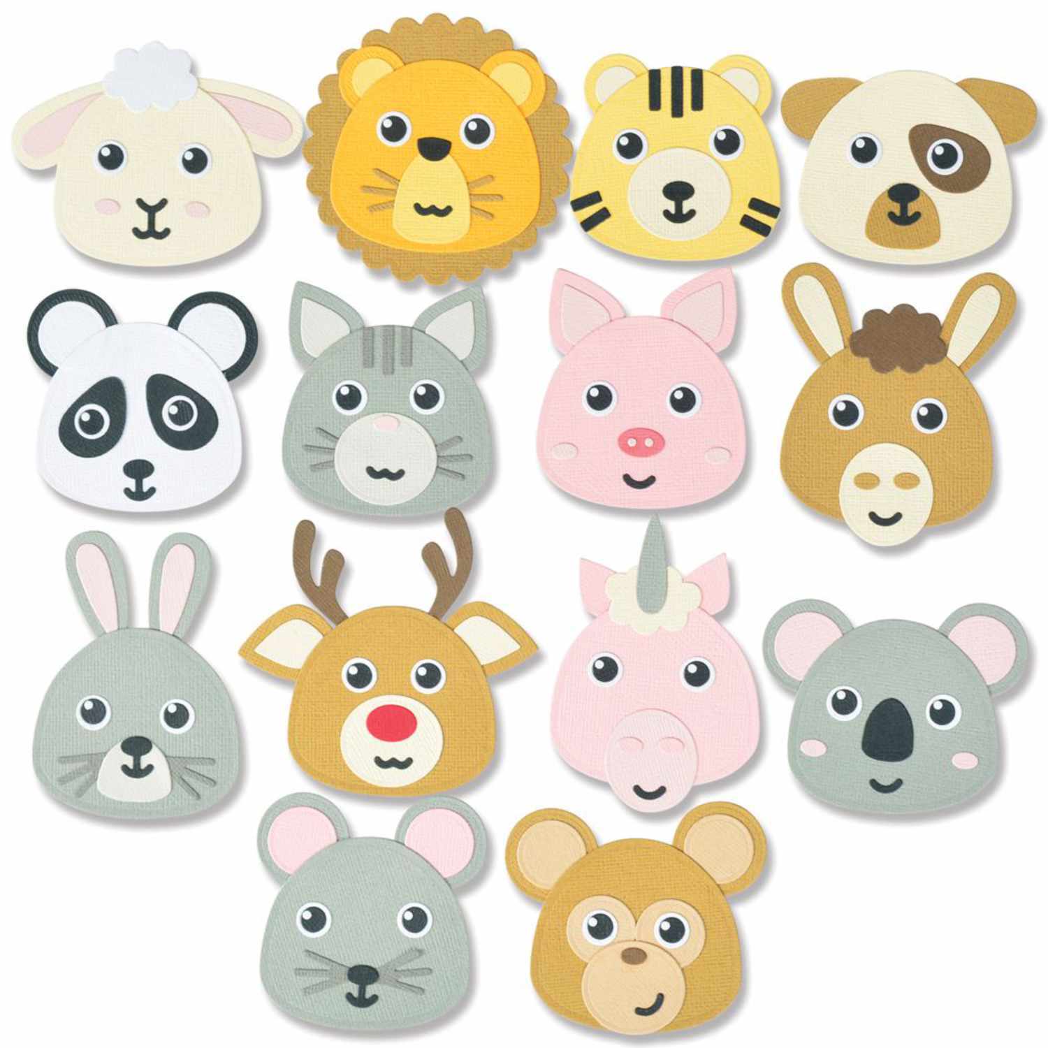 Thinlits Die Build an animal zeigt niedliche Tiergesichter aus Papier, ideal für kreative Bastelprojekte.