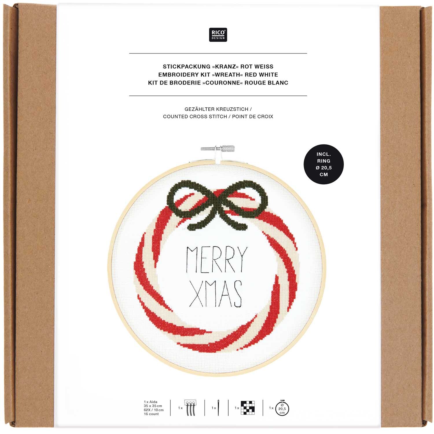 Stickpackung Bild Kranz rot-weiß Ø20,5cm von Rico Design