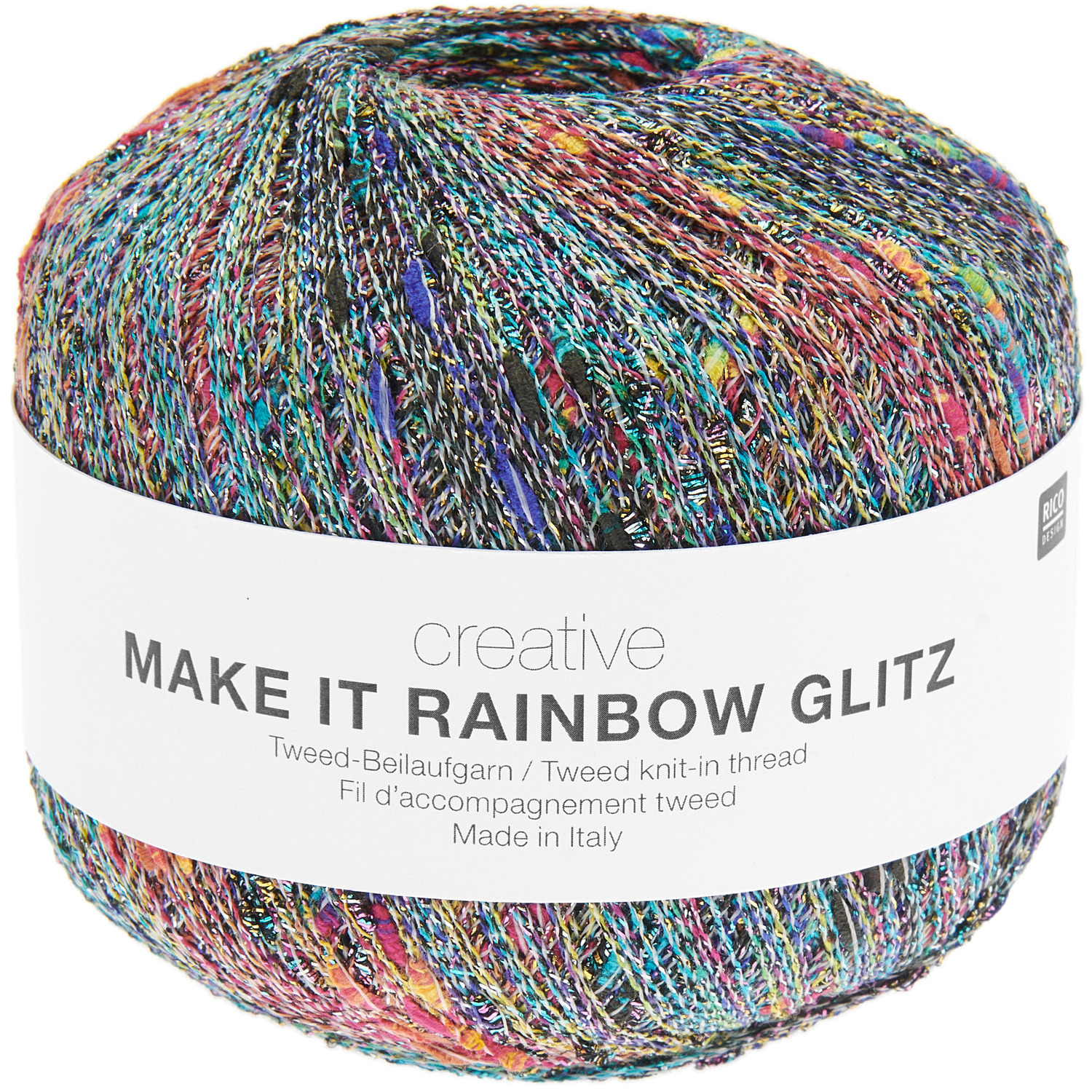 Creative Make It Rainbow Glitz: Bunter Tweed-Beilauffaden von Rico Design, 50g, 525m, ideal für kreative Strickprojekte.