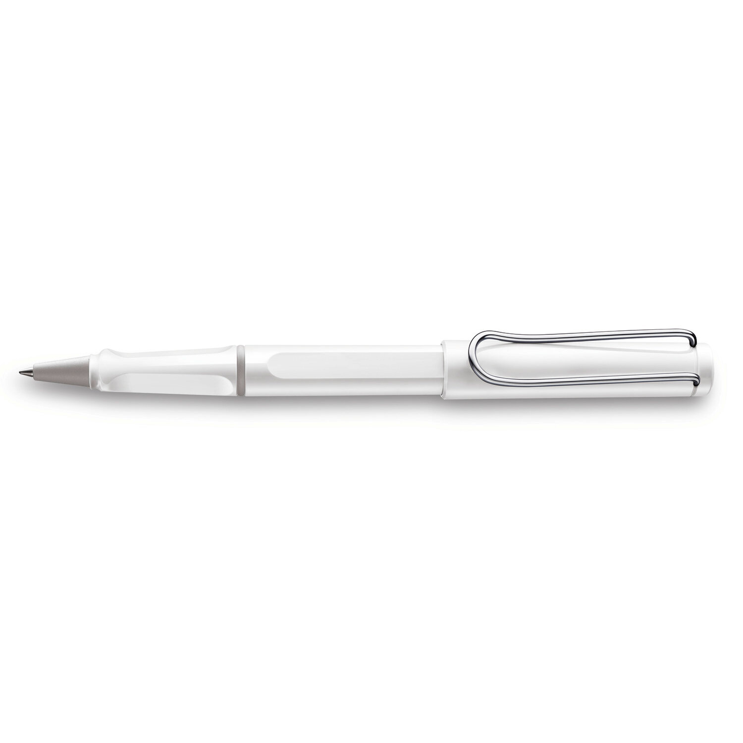 Tintenpatronenroller safari, Markenstift von Lamy in glänzend hellem Design mit verchromtem Clip, ergonomischem Griff und feiner Schreibspitze auf weißem Hintergrund