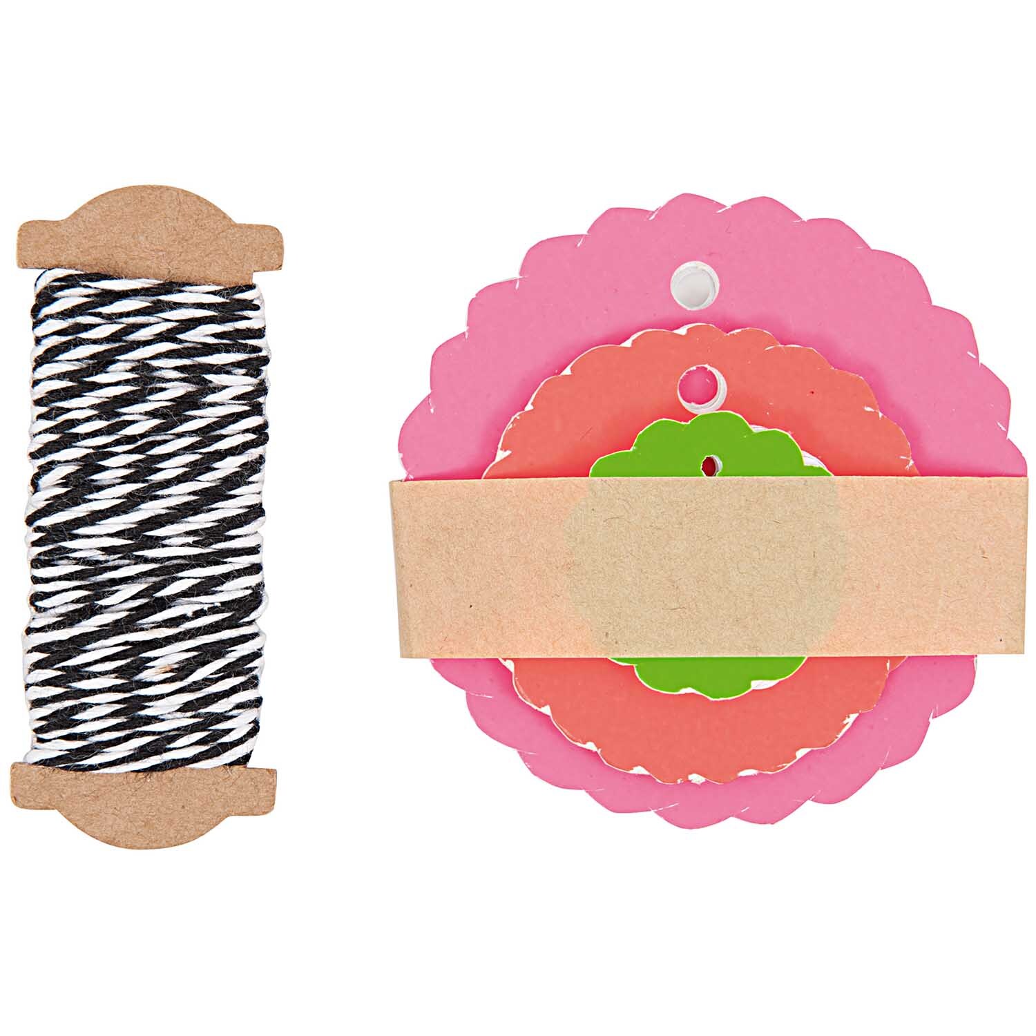 Paper Poetry Geschenkanhänger Rosette neonmix, 30 Stück, mit bunter Schnur und Rosetten in leuchtenden Farben. Ideal für kreative Geschenkverpackungen.