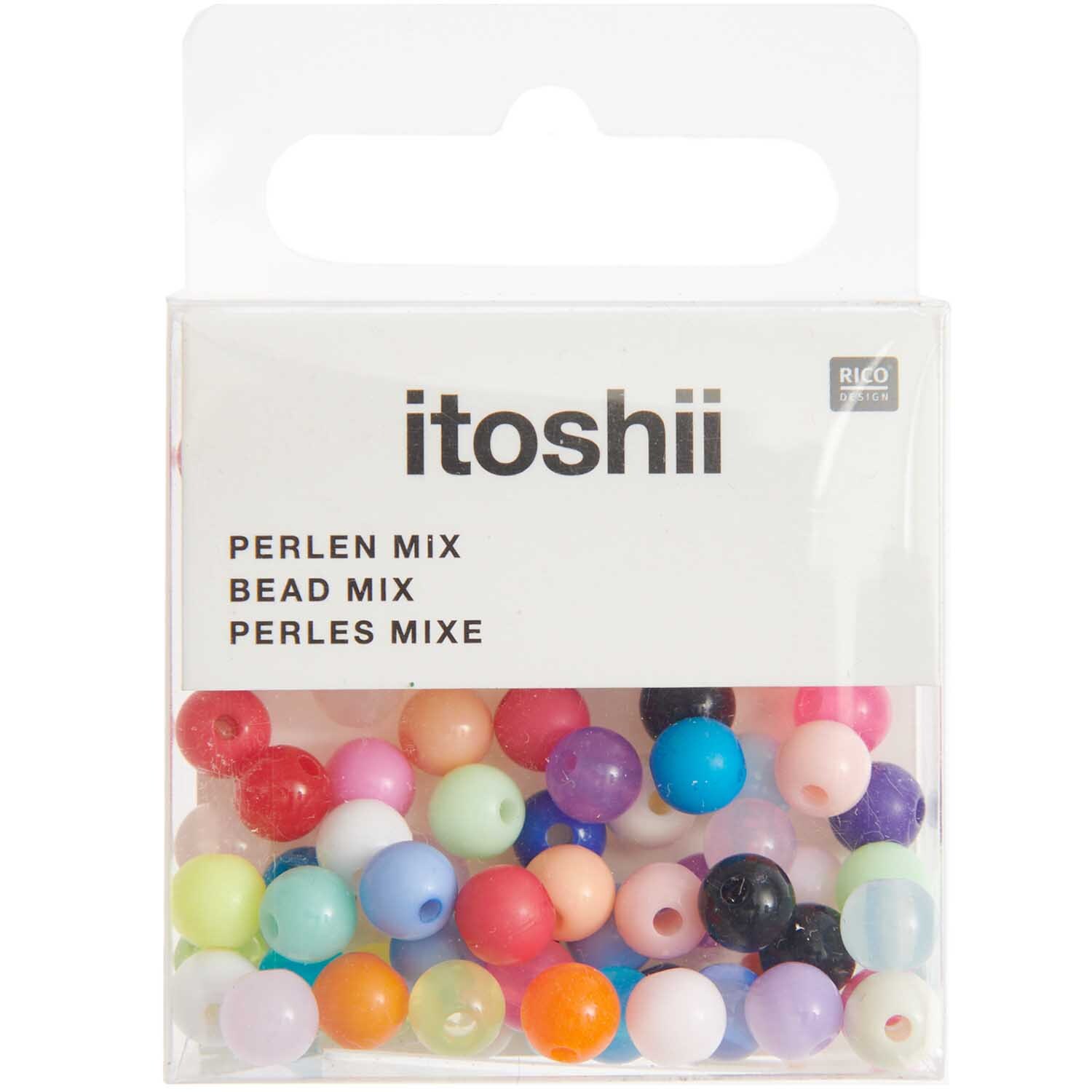Itoshii Kunststoffperlen just happy Mix 6mm, bunte Perlen in Verpackung von Rico Design.