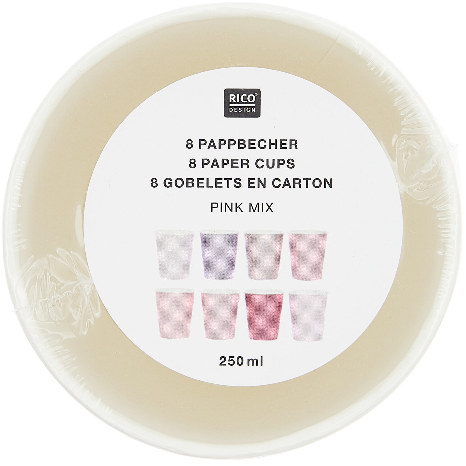 Pappbecher Mix Rosa von Rico Design, 8 Stück, 250ml. Verschiedene Rosatöne auf der Verpackung.