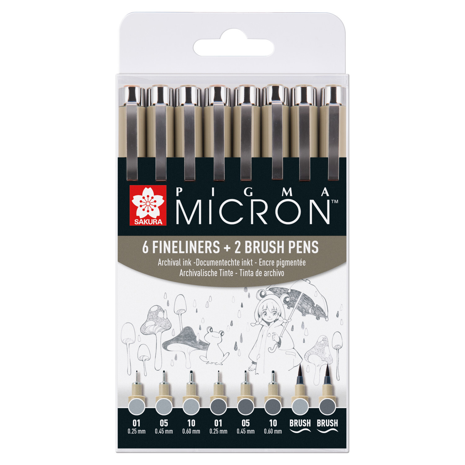 Pigment Liner Sakura Pigma Micron Fineliner Set in Kaltgrau, bestehend aus 8 Stiften in verschiedenen Grautönen.