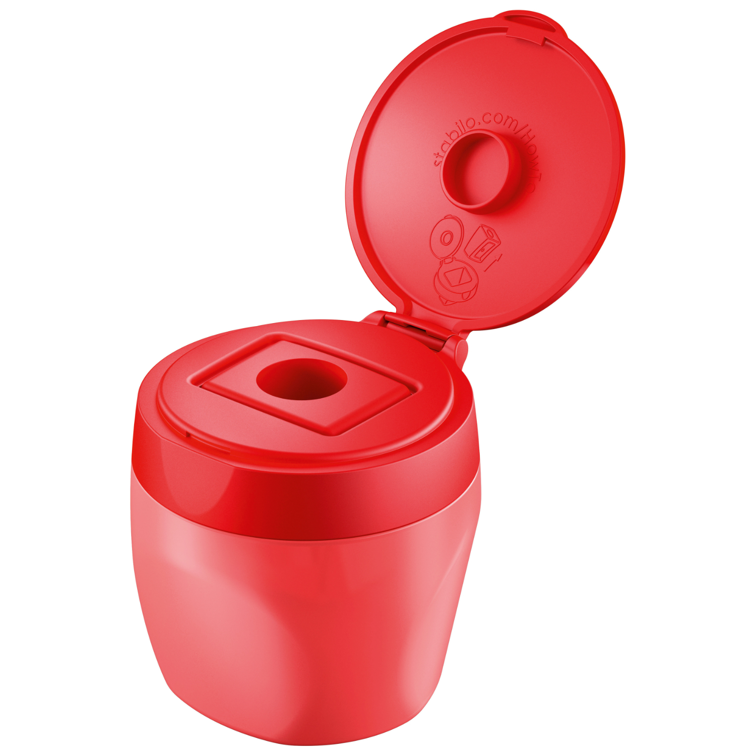 Stabilo woody 3 in 1: Roter Anspitzer mit offenem Deckel, passend für das 15er Set von STABILO.