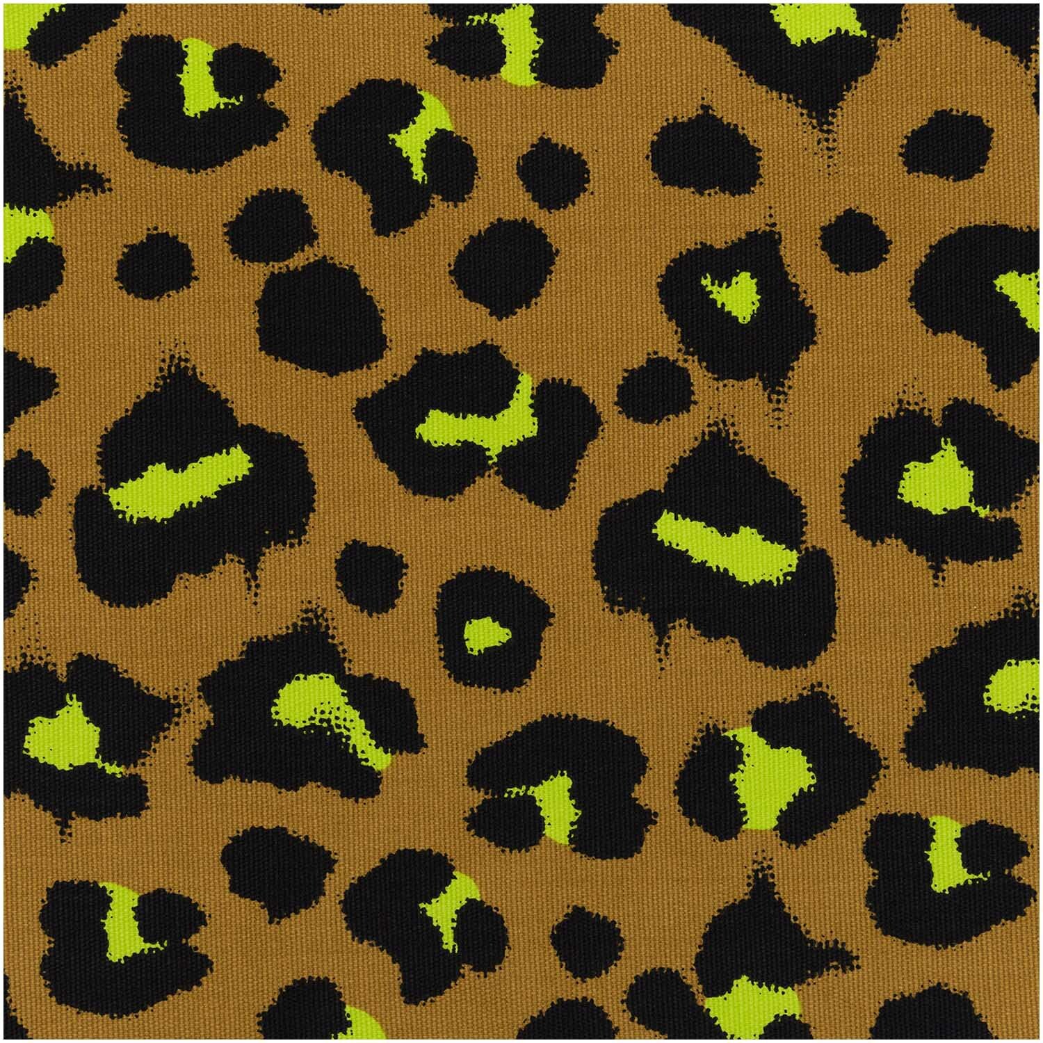 Stoffabschnitt Canvas Acid Leo karamell mit Leopardenmuster in Schwarz und Neon auf karamellfarbenem Hintergrund von Rico Design.